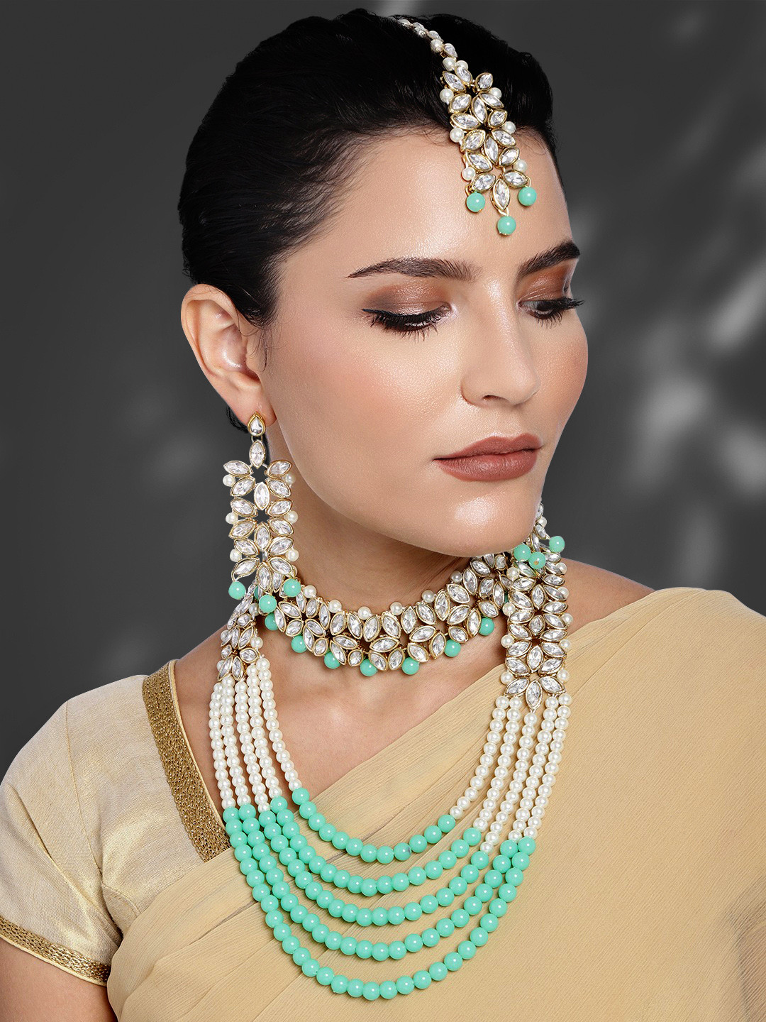 Peora Sea Green & White Gold Plated Beaded Bridal jadau Jewellery Set