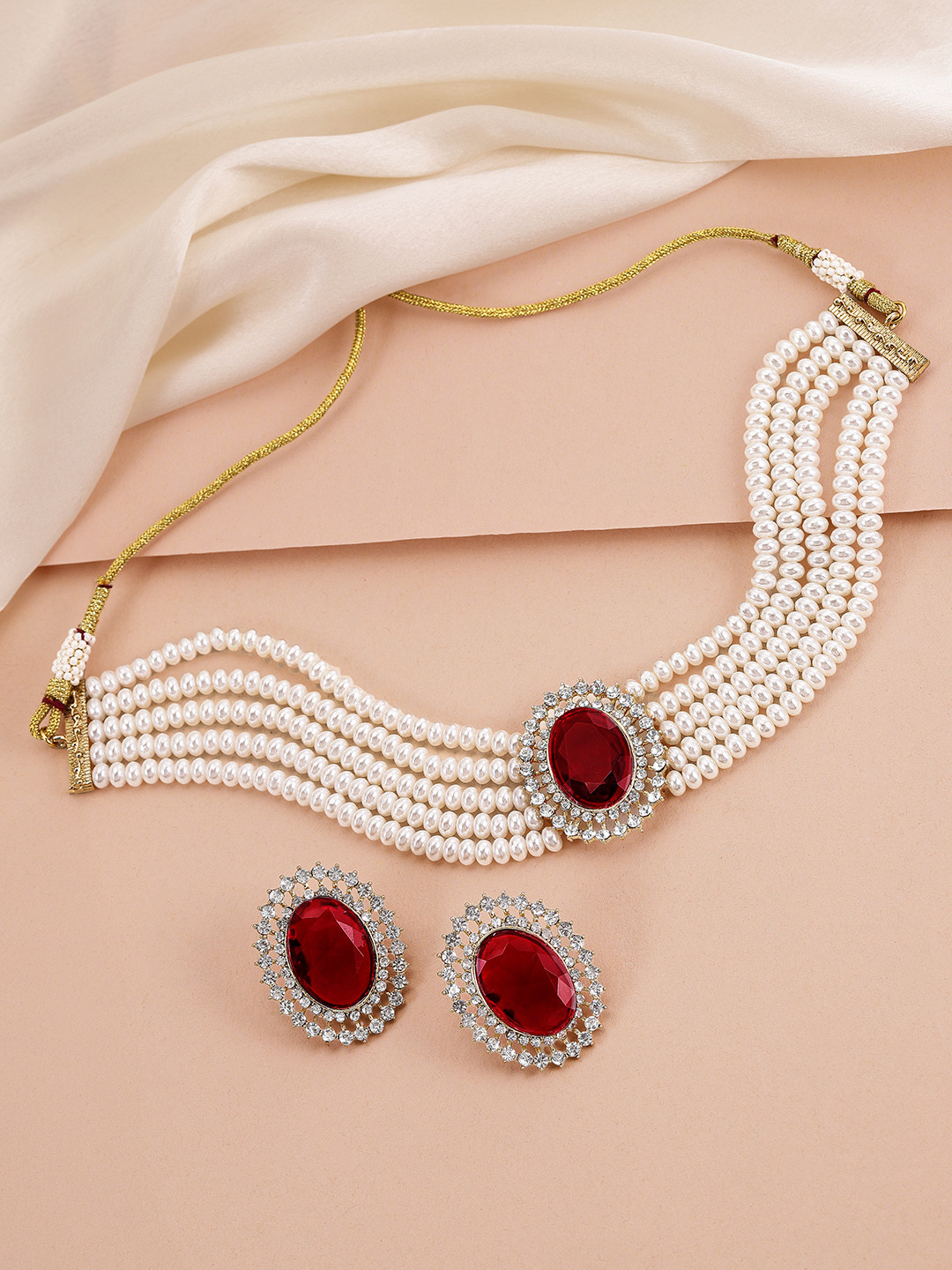 Peora White & Maroon Gold-Plated Handcrafted Beaded Jewellery Set