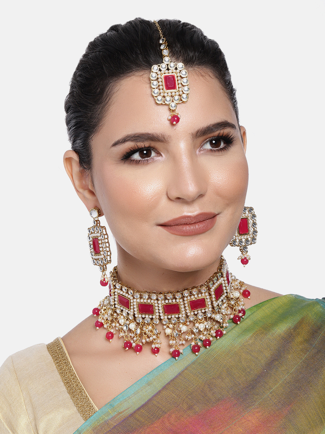 Peora Gold-Plated Magenta Crystal Kundan Faux Pearl Traditional Bridal Jewellery Set