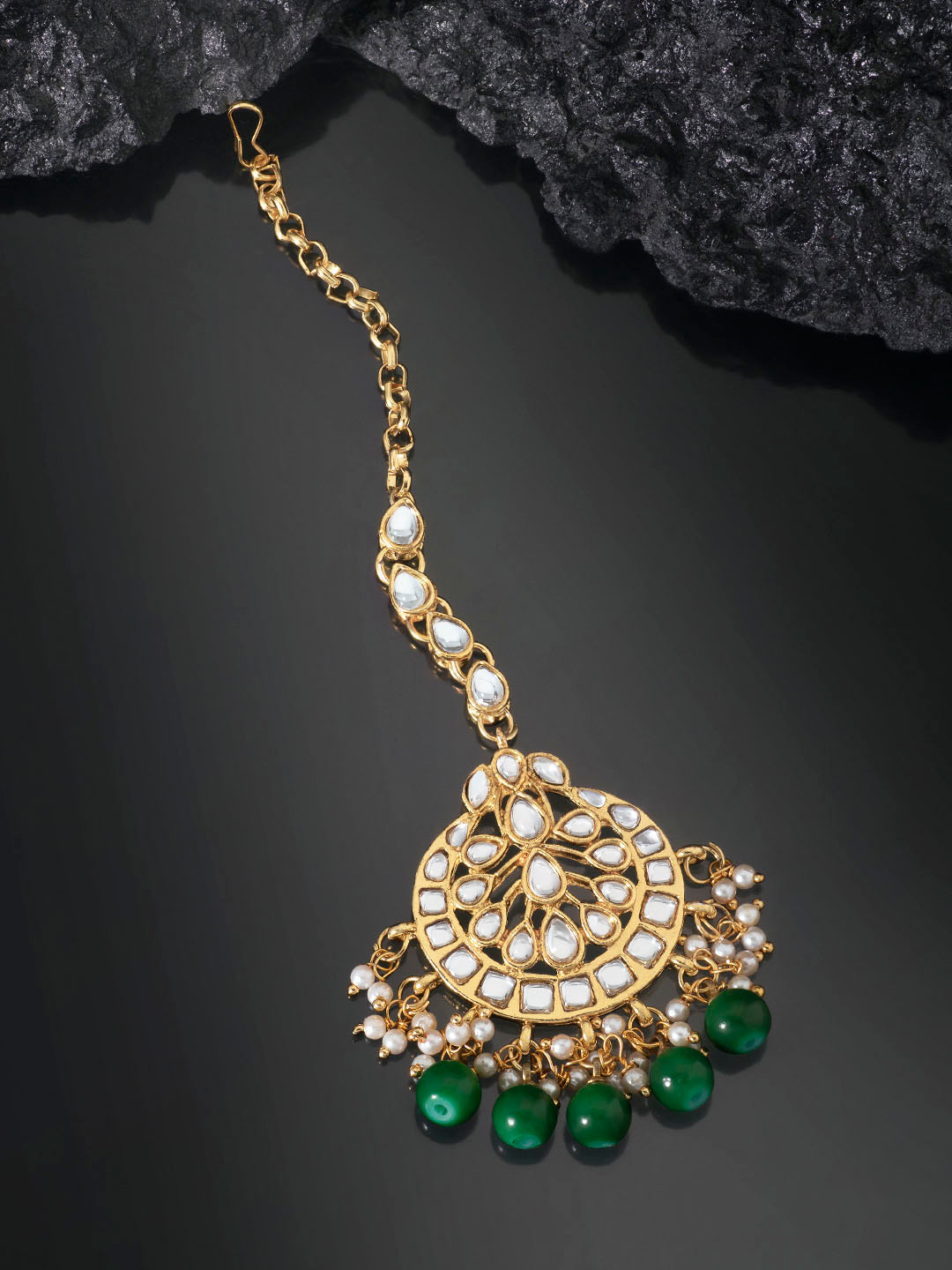 Peora Gold Plated Wedding Kundan Studded Handcrafted Green Pearl Maang Tikka