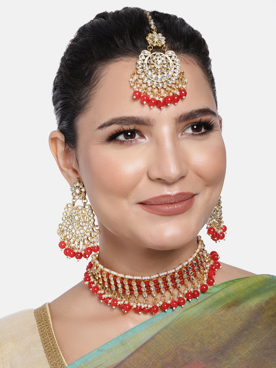 Peora Gold Plated Red Kundan Faux Pearl Jewellery Set