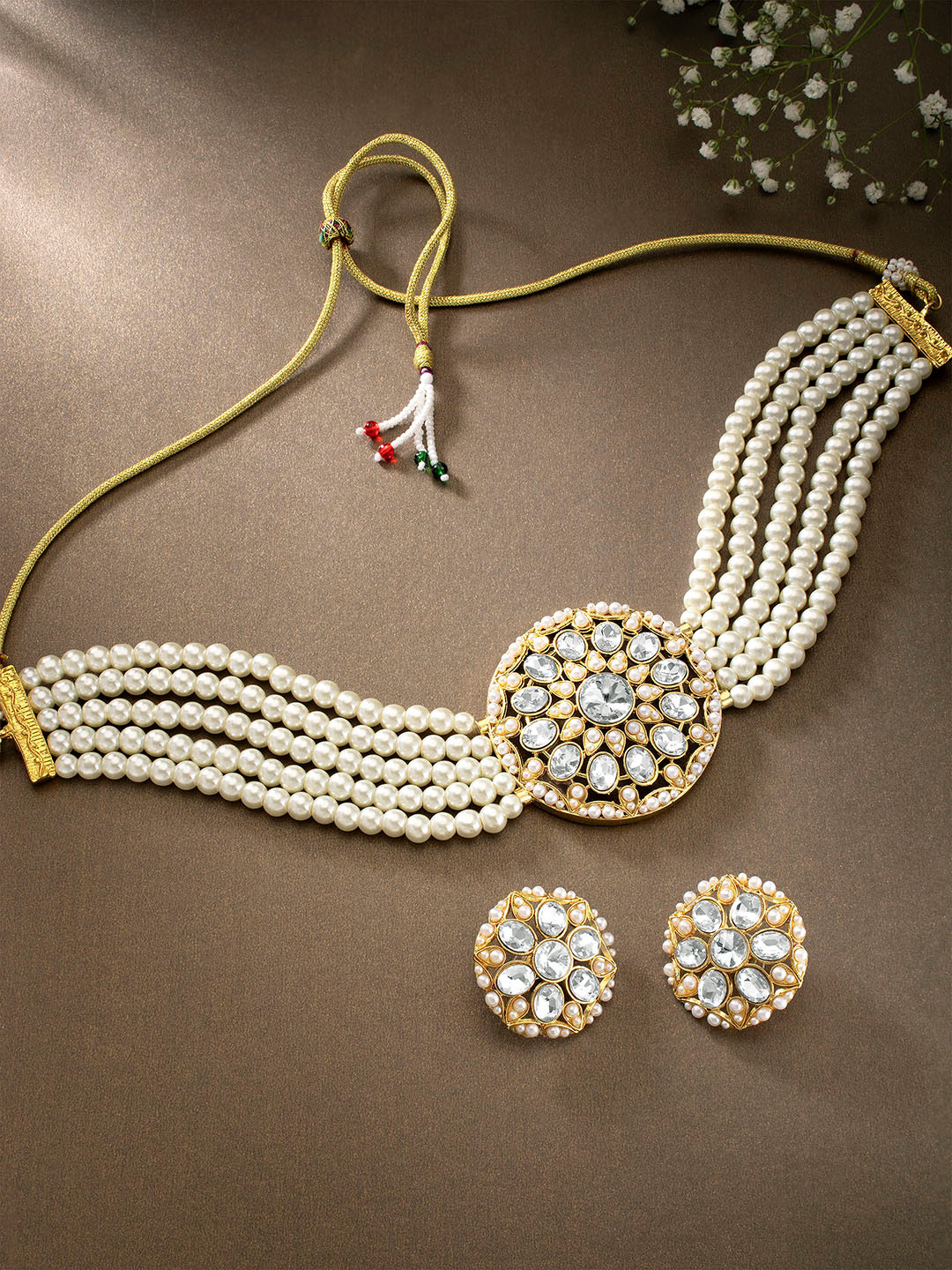Peora Gold Plated & White Pearl Beaded Jewellery Set