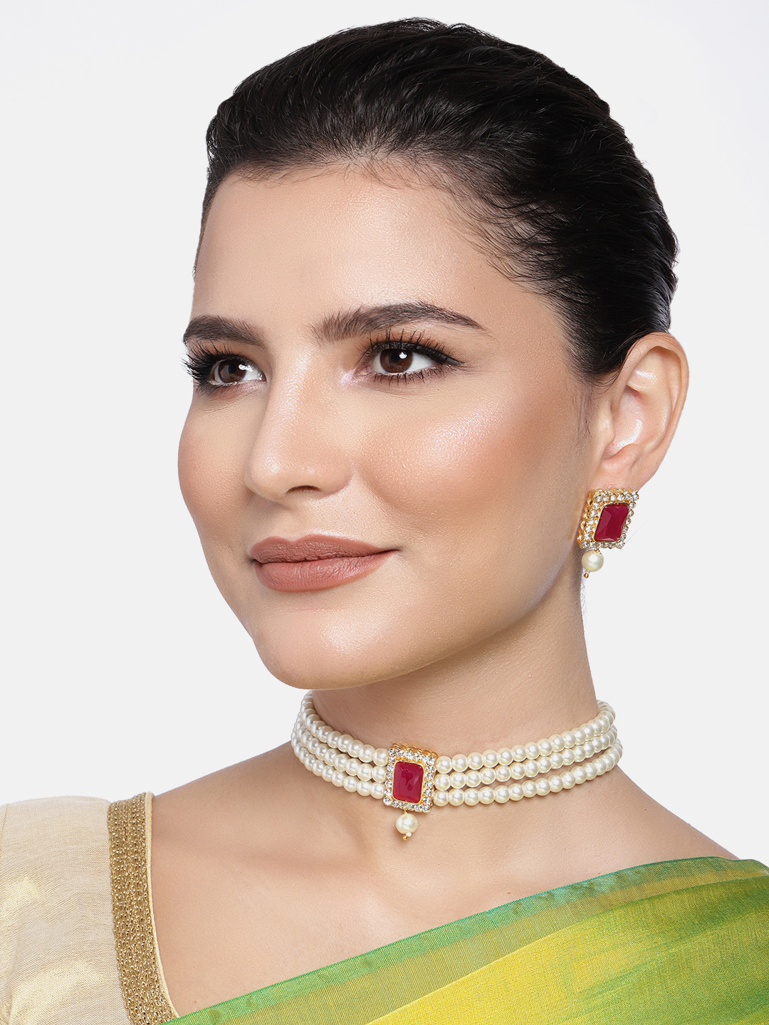Peora White & Magenta Gold-Plated Crystal Handcrafted Beaded Jewellery Set