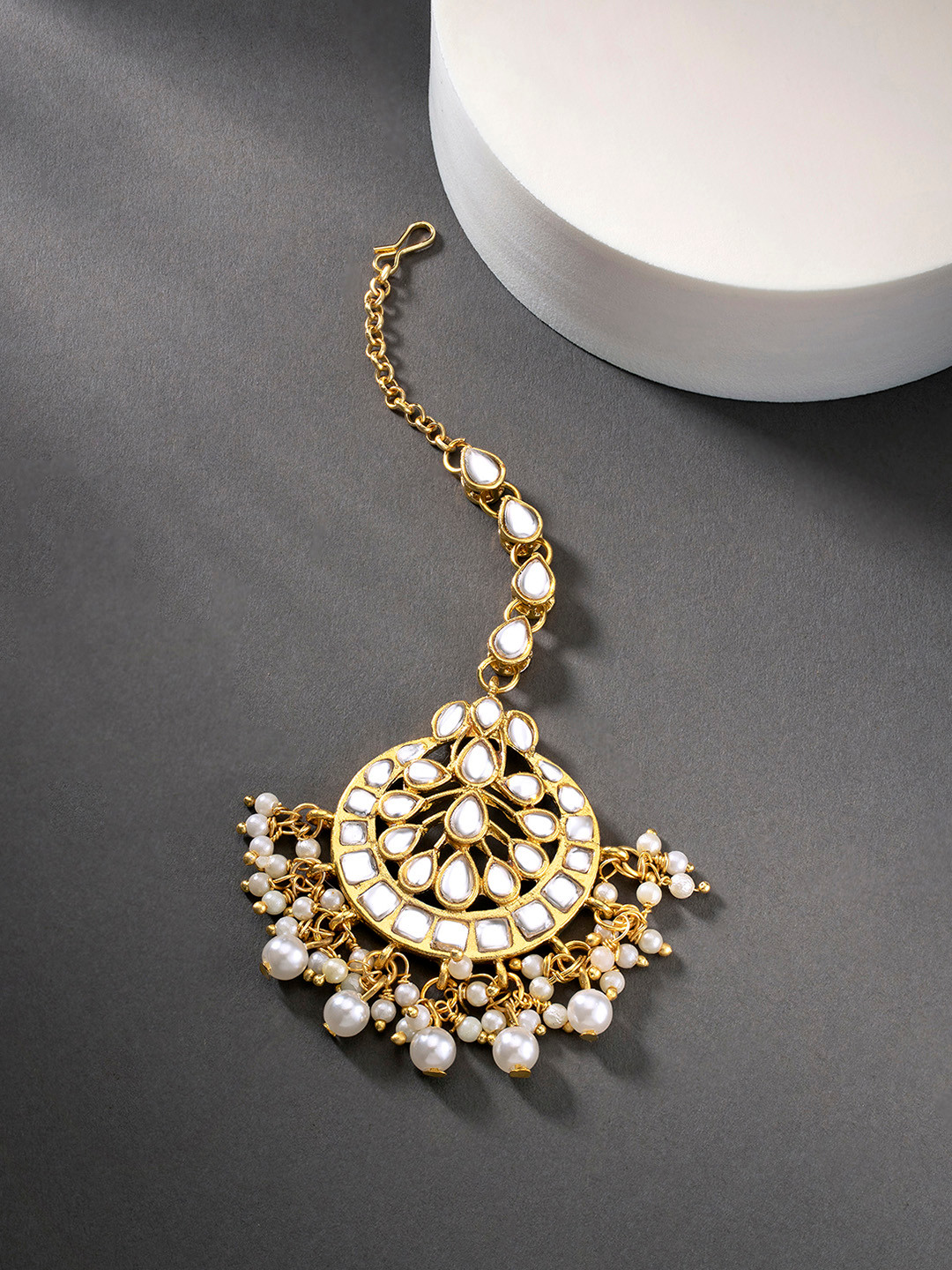 Peora Gold Plated White Kundan Handcrafted Faux Pearl Wedding Maang Tikka