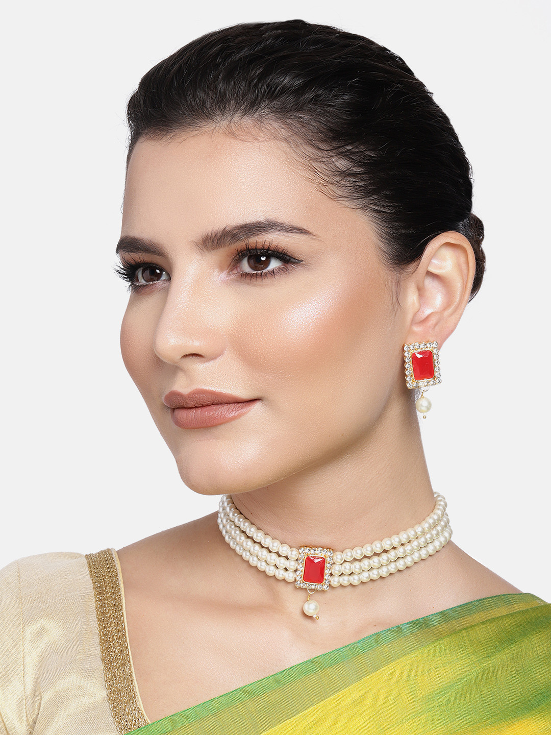 Peora White & Coral Red Gold-Plated Handcrafted Crystal Beaded Jewellery Set