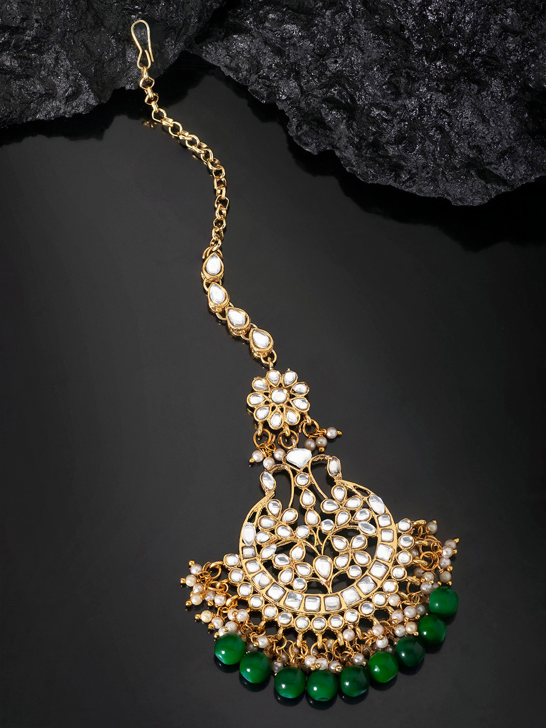 Peora White & Green Gold-Plated Kundan Handcrafted Maang Tikka