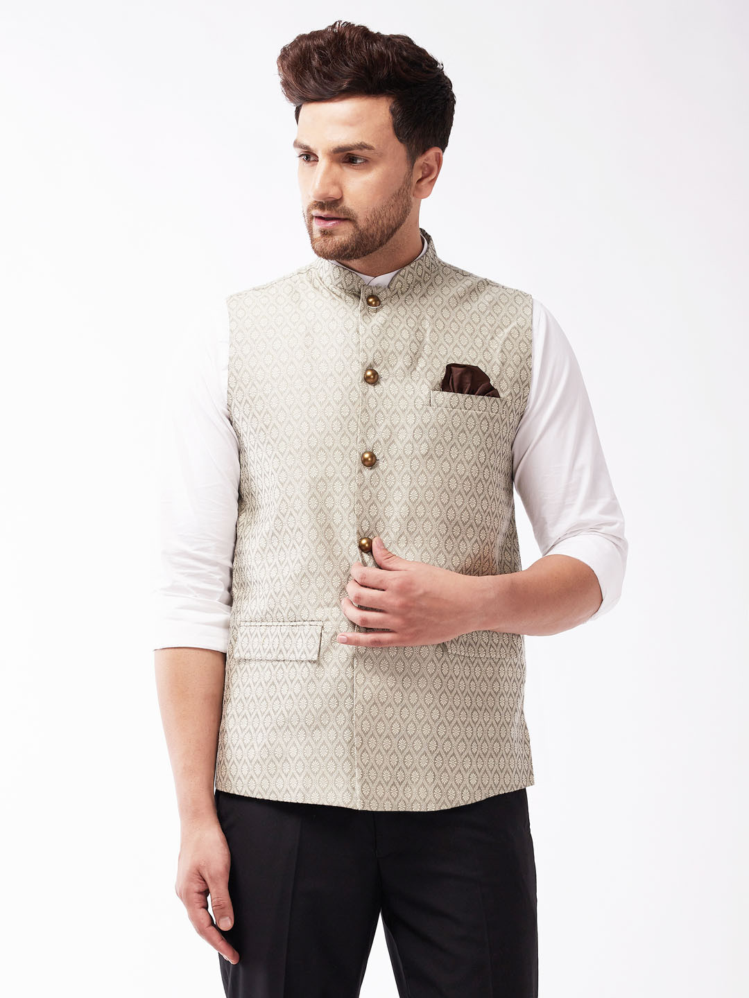 VASTRAMAY Men Grey Woven Design Nehru Jackets