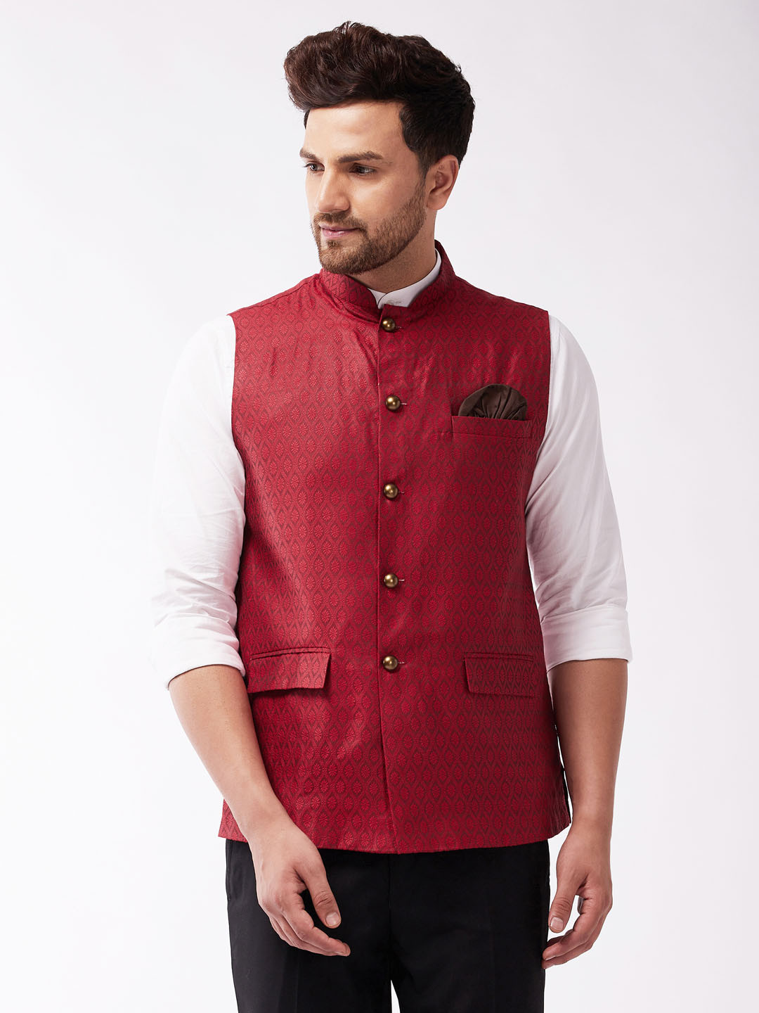 VASTRAMAY Men Maroon Woven Design Nehru Jackets