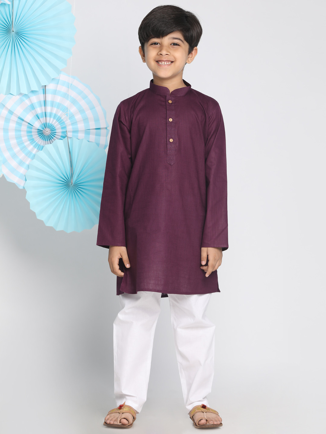 VASTRAMAY Boys Burgundy & White Solid Kurta with Pyjamas