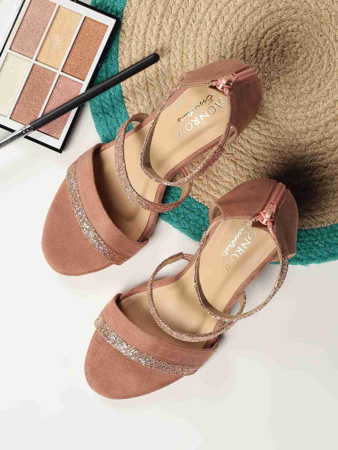 Monrow Women Brown & Gold-Toned Embellished Block Heels