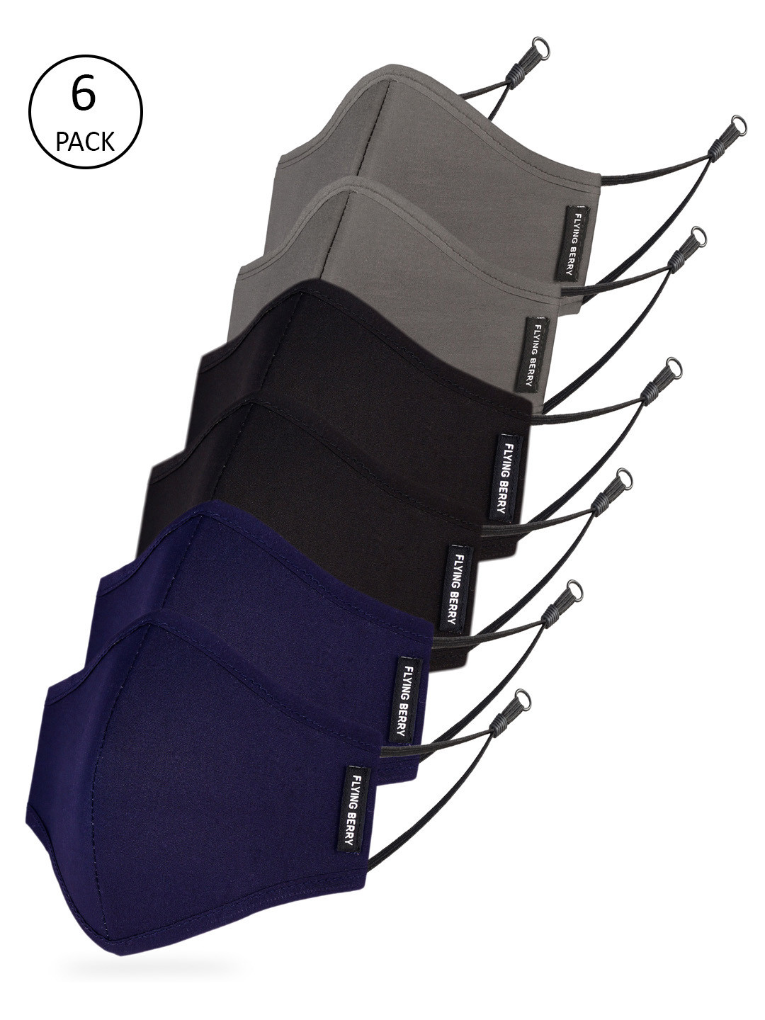 FLYING BERRY Adults Multicoloured Pack Of 6 Solid 3-Ply Reusable Adjustable Cloth Masks