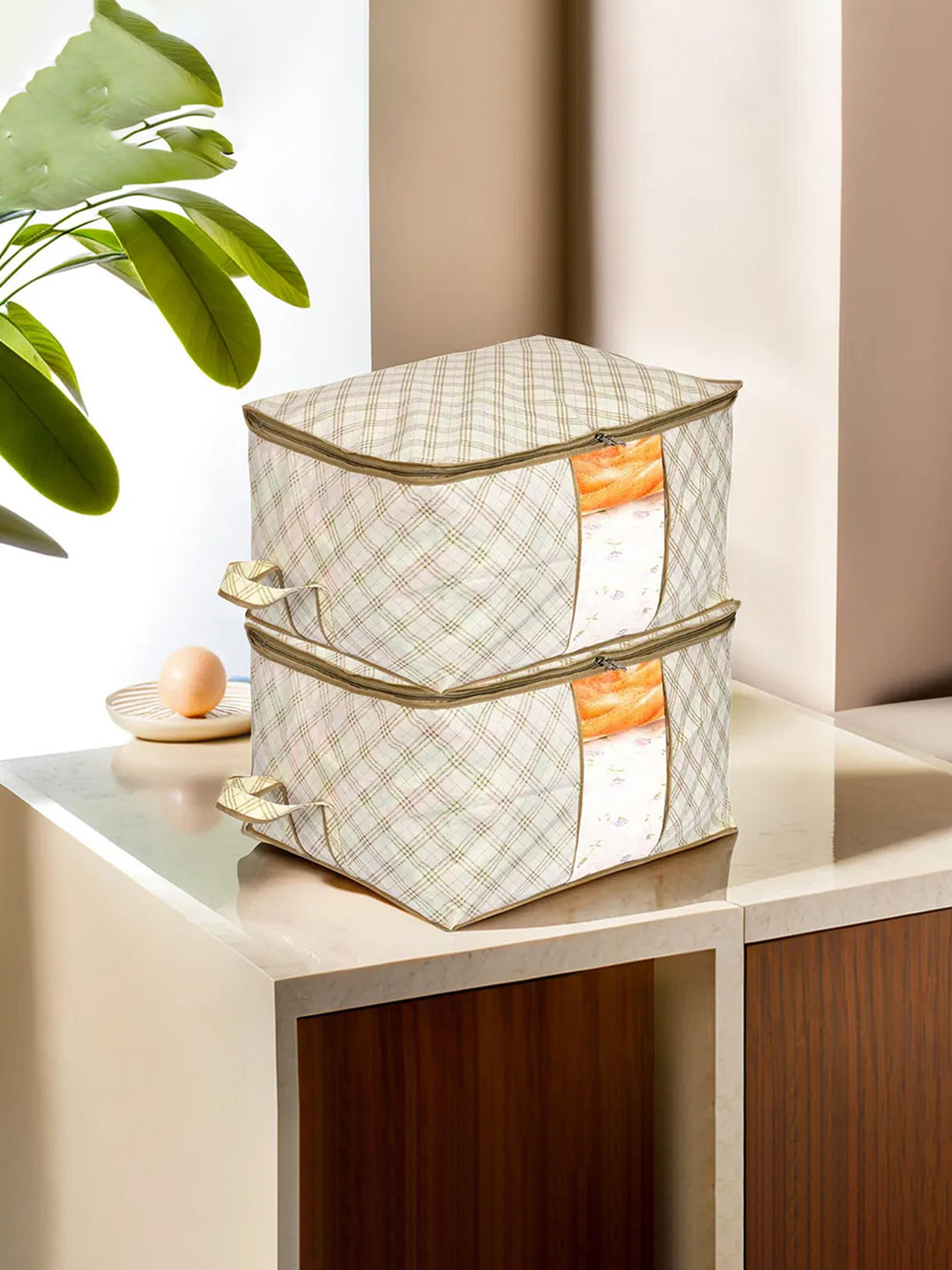 Kuber Industries Set Of 2 Cream-Color & Brown Metallic Checked Under Bed Storage Bags