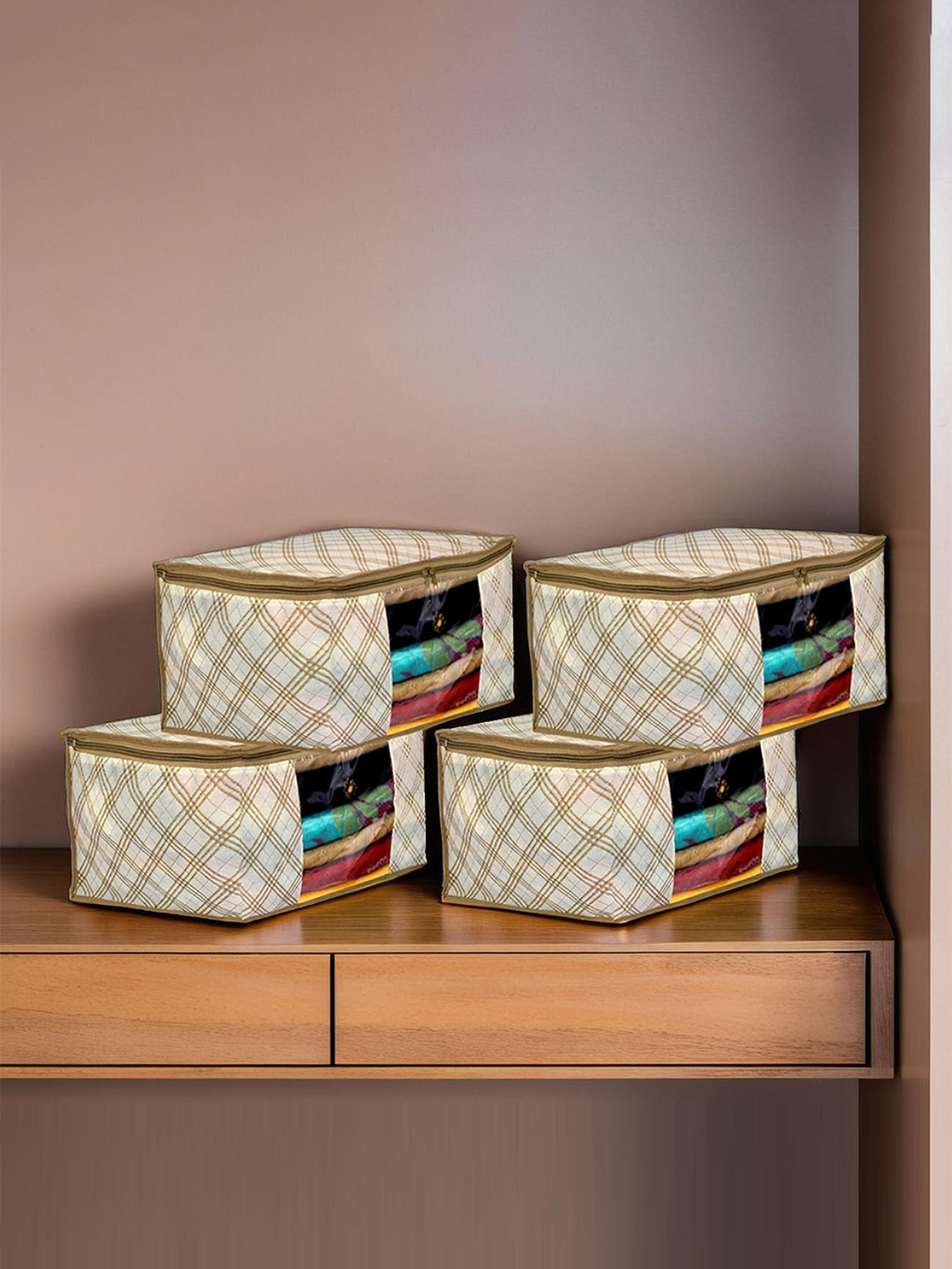Kuber Industries Set of 4 Cream-Coloured & Yellow Printed Clothes Organisers