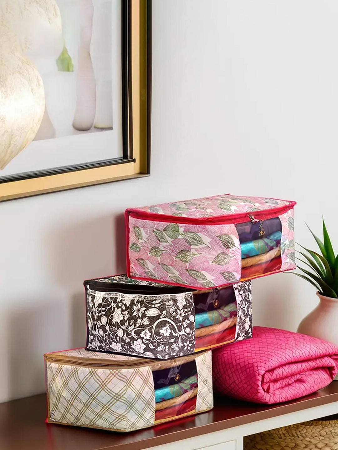 Kuber Industries Set of 3 Metallic Printed Clothes Organisers