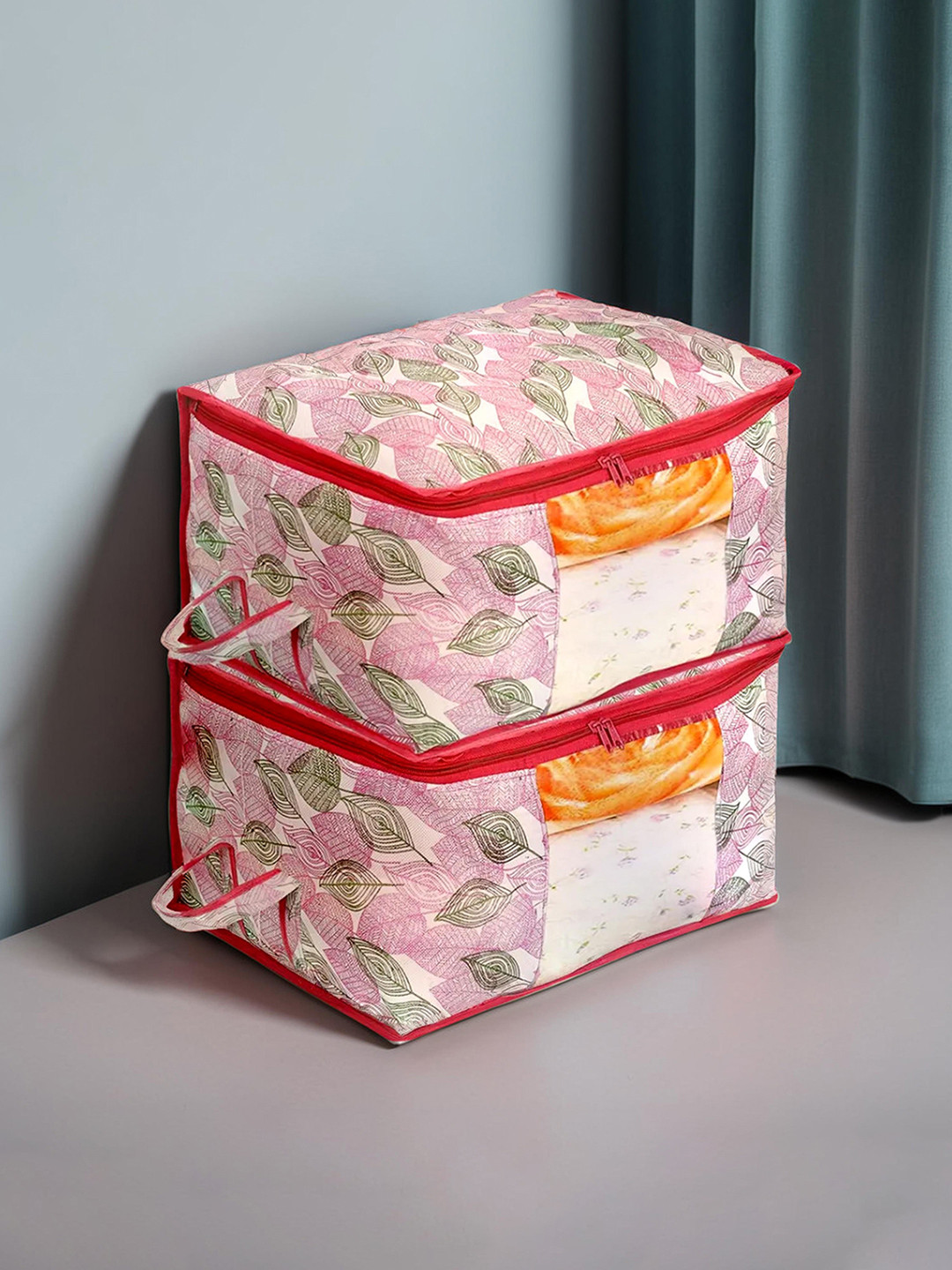 Kuber Industries Set Of 2 Pink & Green Metallic Leafy Print N Under Bed Storage Bag