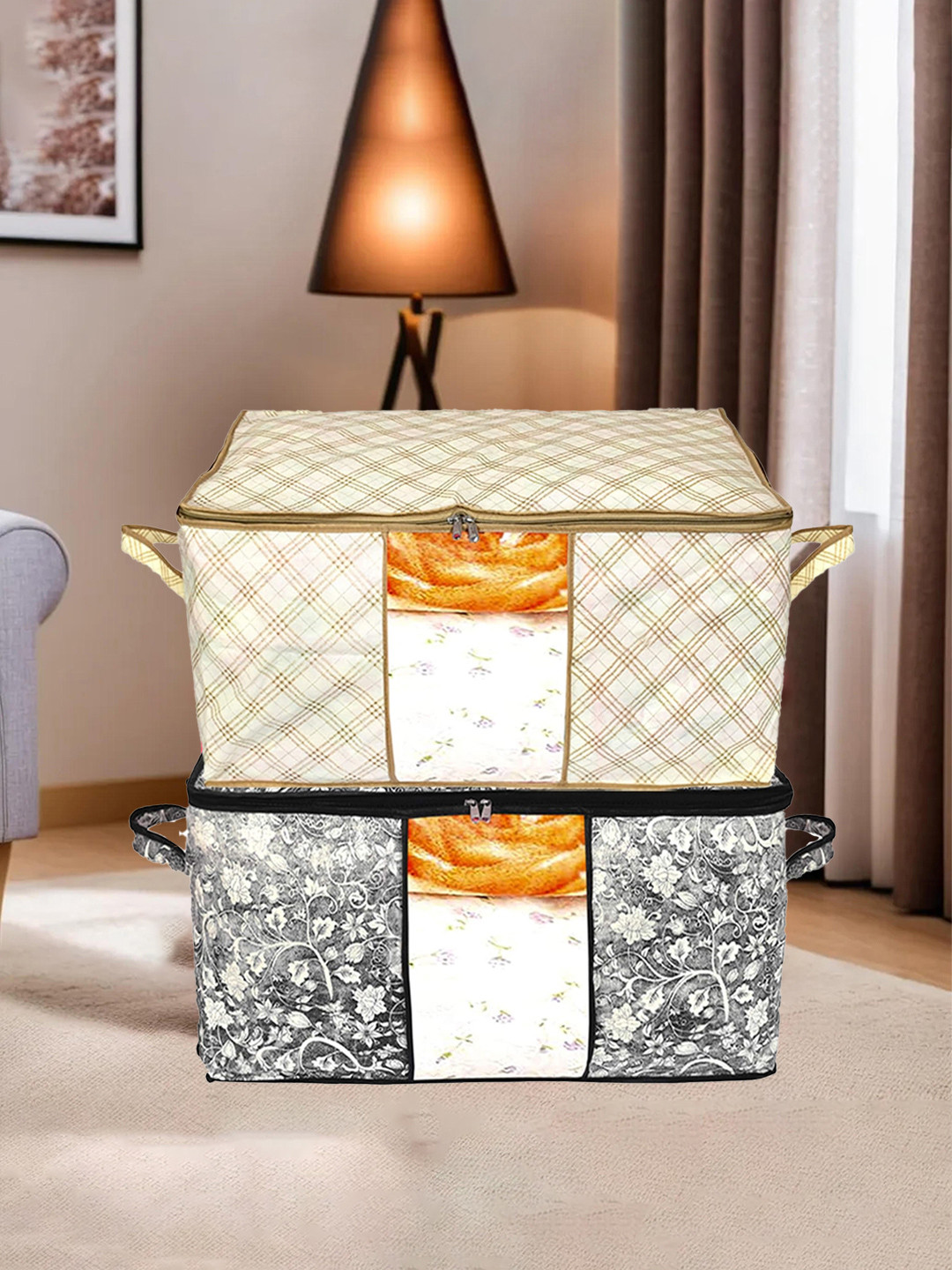 Kuber Industries Set of 2 Black & Cream- Coloured Metallic Printed Cloth Organisers
