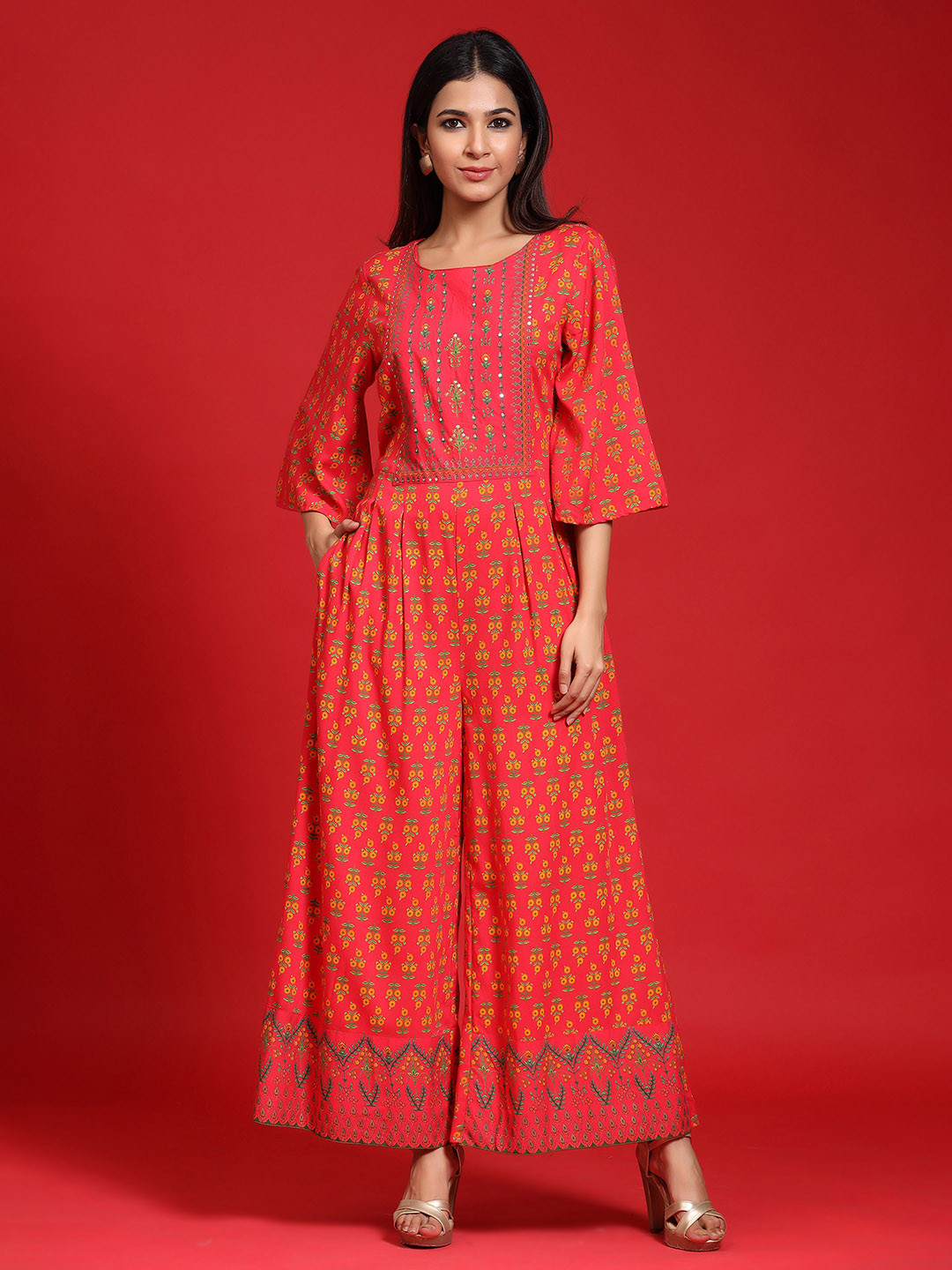 Juniper Red & Green Ethnic Printed Culotte Jumpsuit