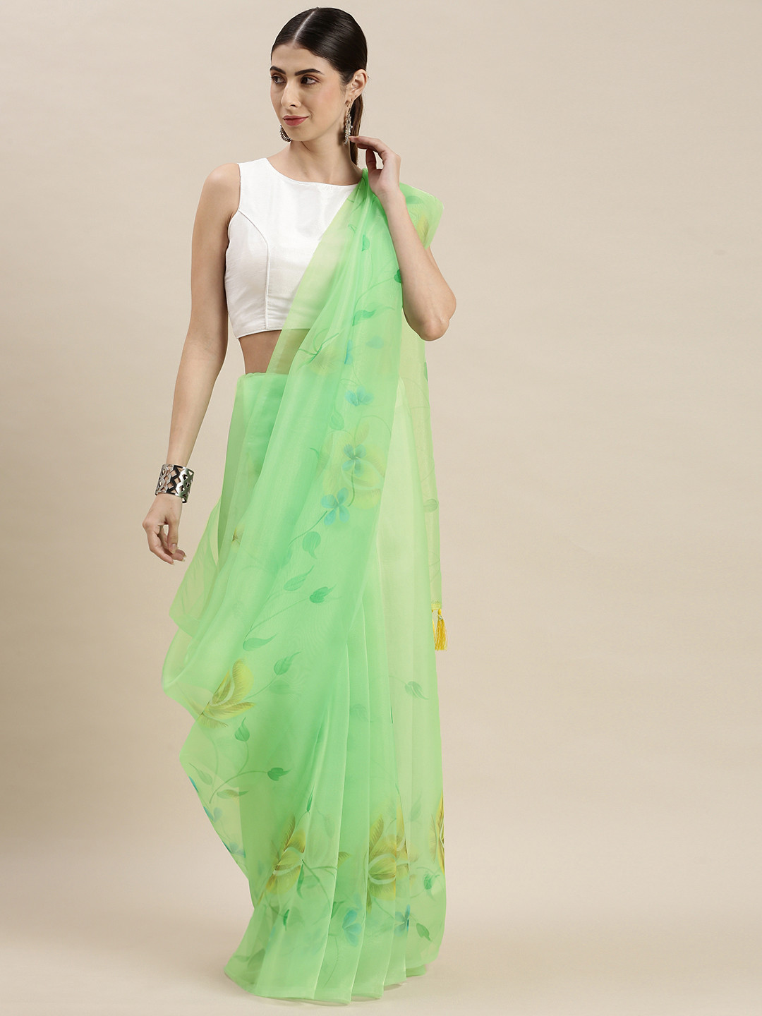 Mitera Green Floral Organza Tasseled Saree