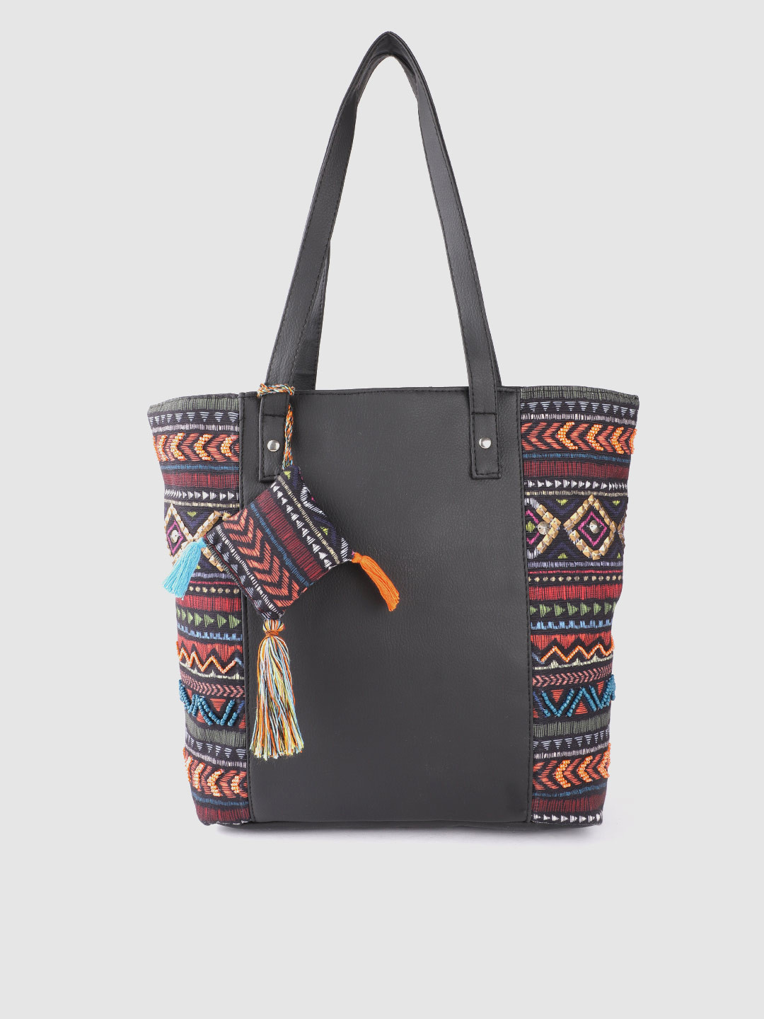 Anouk Black & Orange Aztec Print Shopper Tote Bag with Tasselled & Beaded Detail