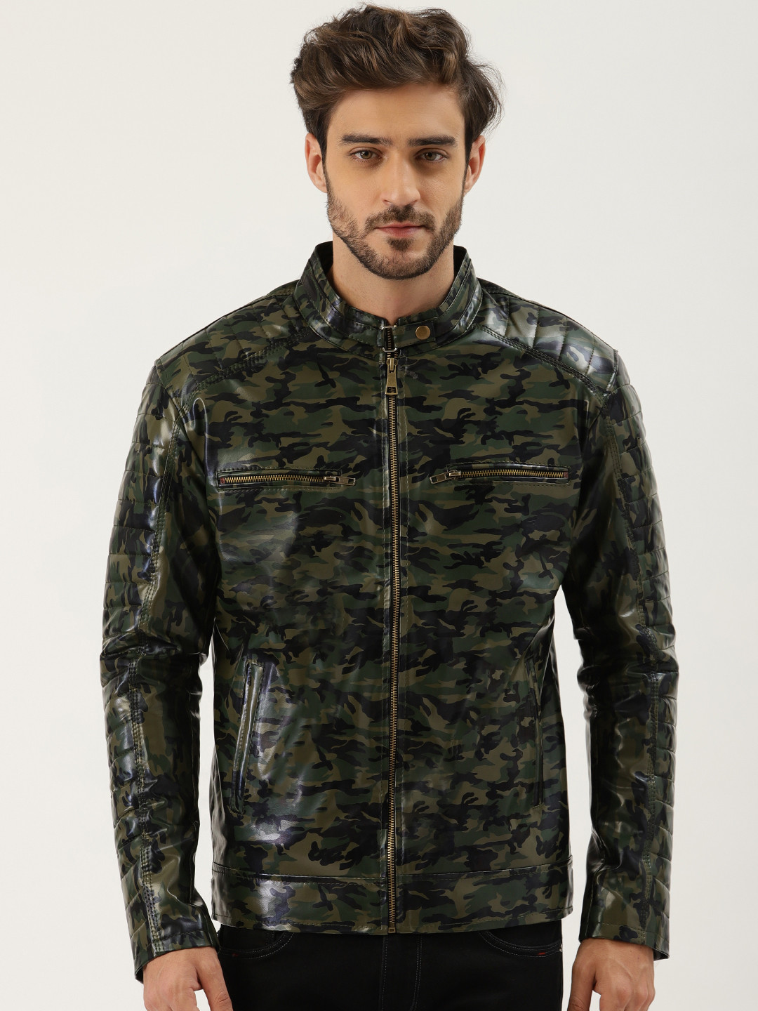 Leather Retail Men Green & Black Printed Leather Jacket