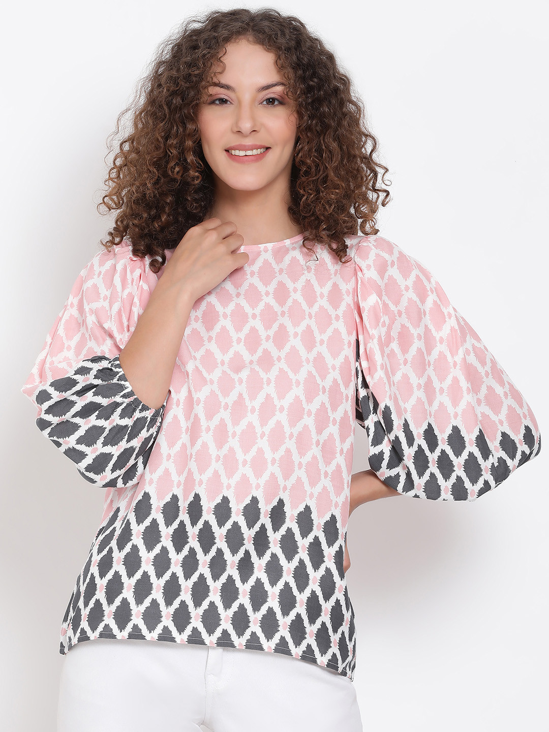 Oxolloxo Pink & Charcoal Printed Bishop Sleeves Crepe Regular Top