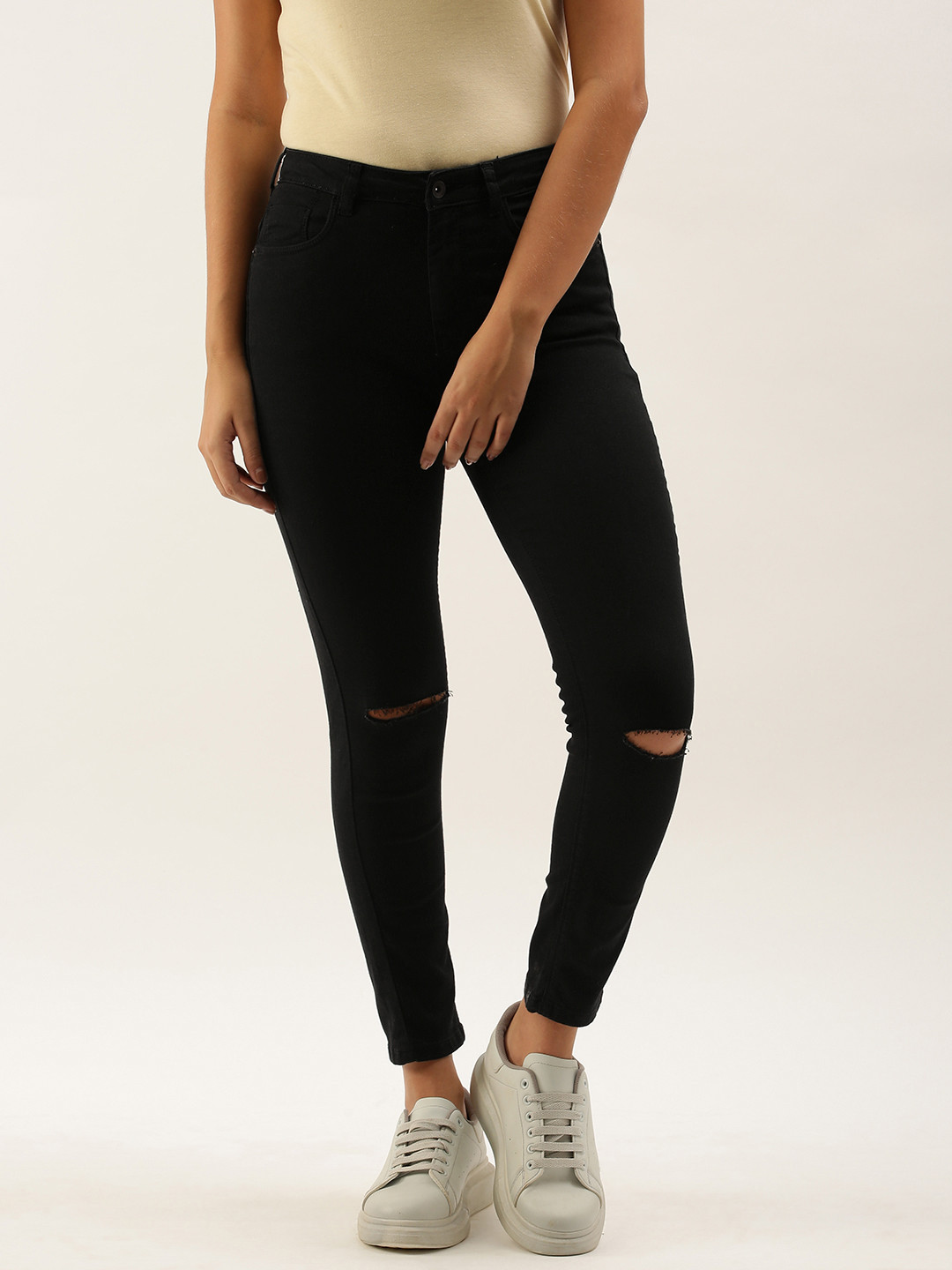 Flying Machine Women Black Veronica Skinny Fit High-Rise Slash Knee Stretchable Jeans