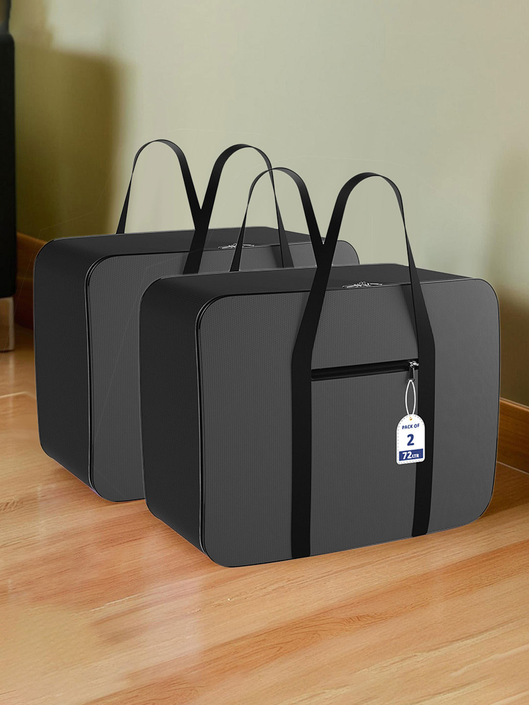 Kuber Industries Set Of 2 Grey & Black Solid Foldable Rexine Jumbo Under Bed Storage Bag