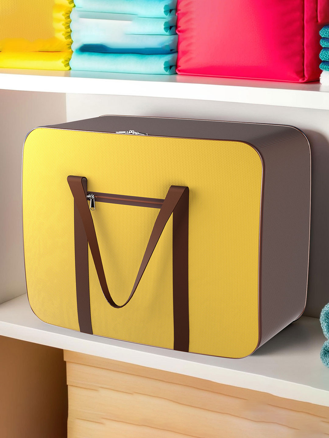 Kuber Industries Yellow & Brown Solid Lightweight Foldable Rexine Jumbo Under Bed Storage Bag