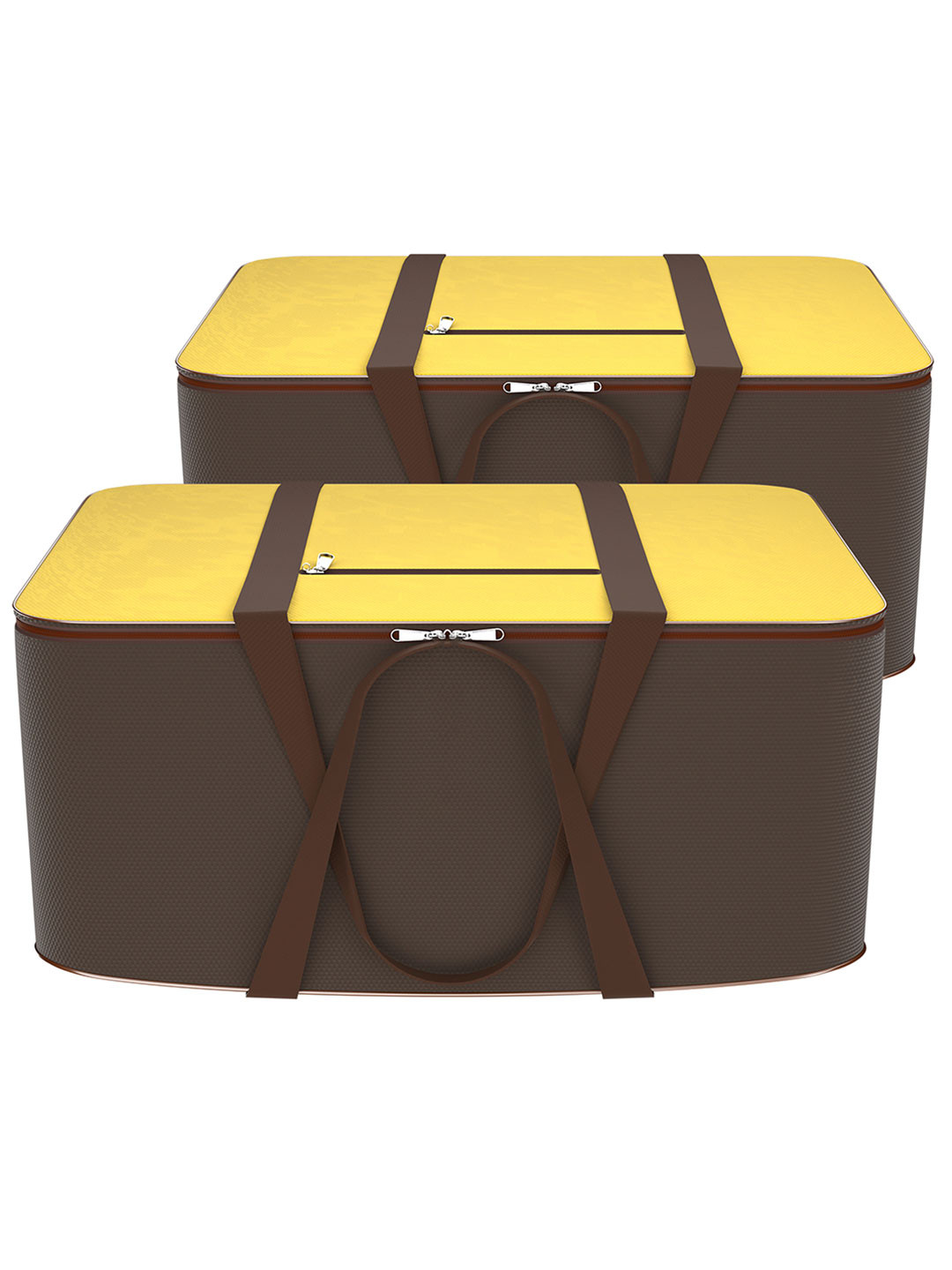 Kuber Industries Set Of 2 Yellow & Brown Solid Lightweight Foldable Rexine Jumbo Under Bed Storage Bag