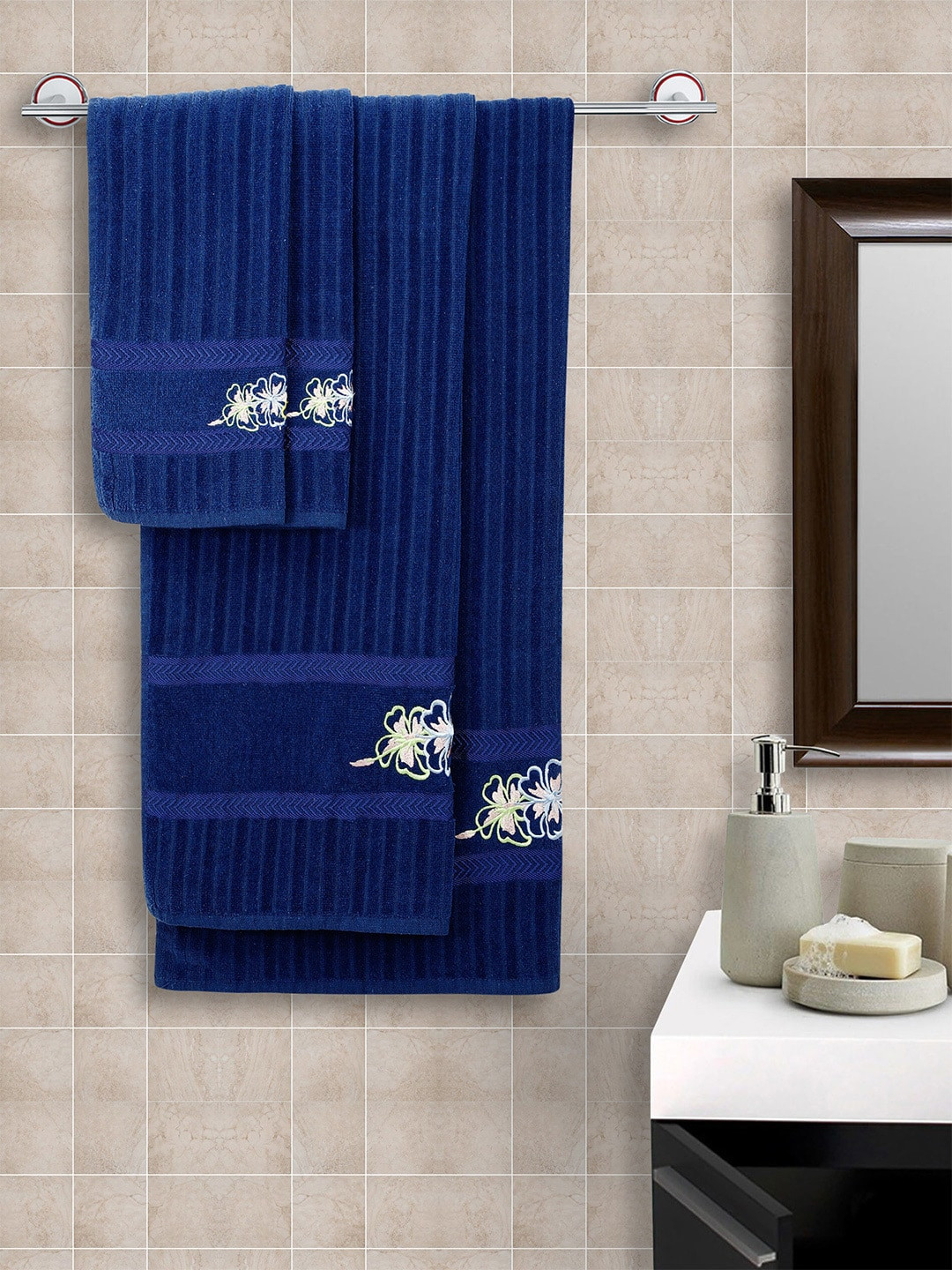 HOSTA HOMES Navy Blue Set of 4 Embroidered 450 GSM Bath & Face Towels
