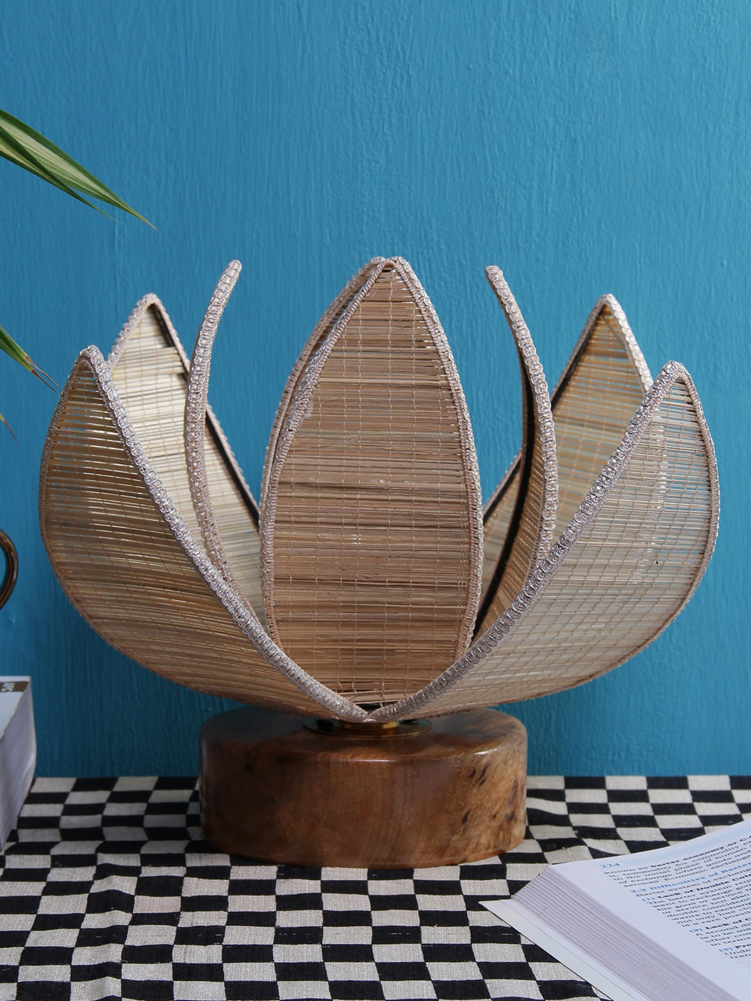 Devansh Beige Self Design Traditional Table Lamp with Bamboo Shade