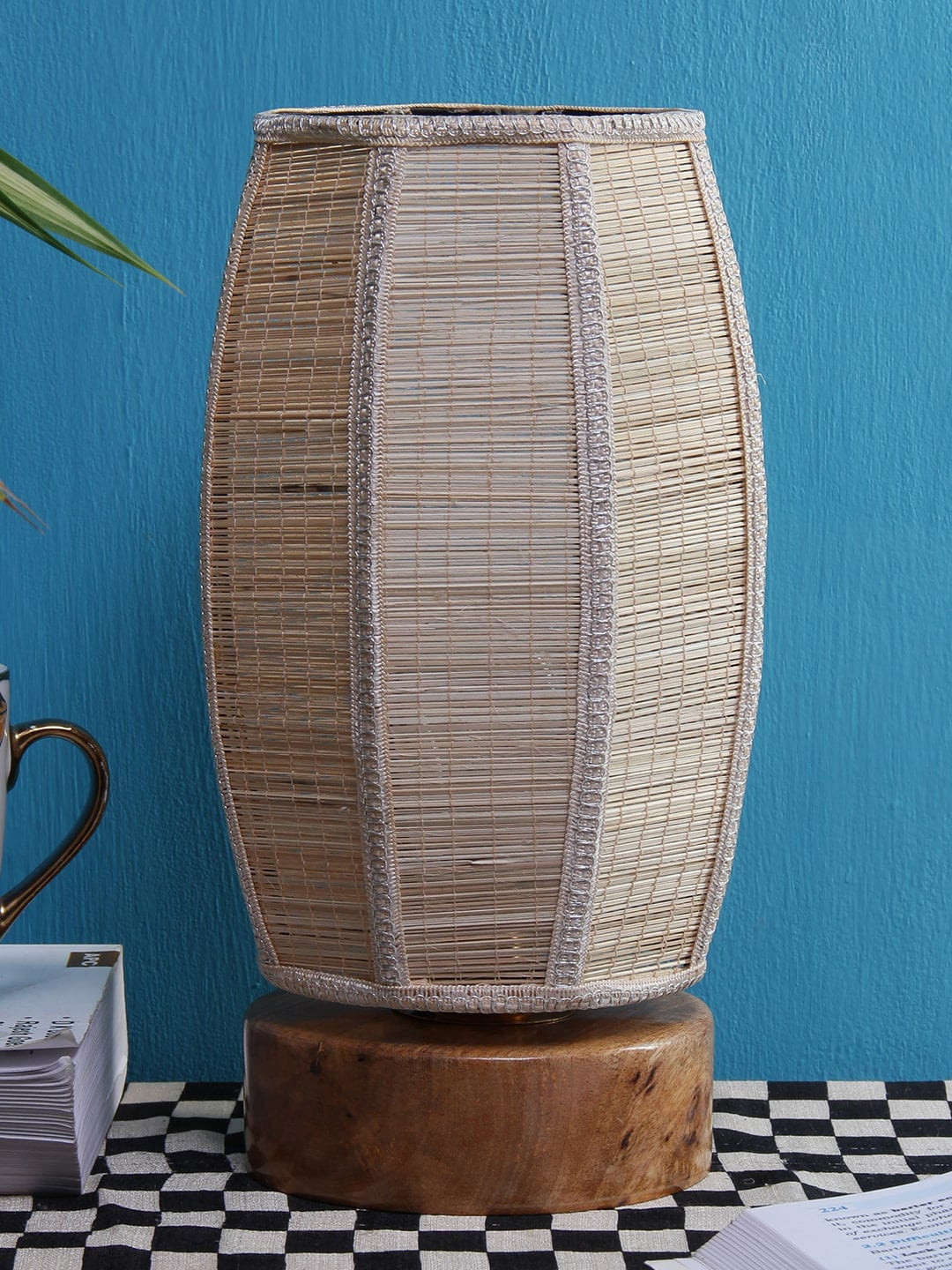 Devansh Beige Self Design Traditional Column Lamp with Shade