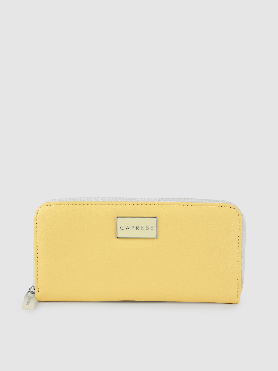 Caprese Women Yellow & White Solid Leather Zip Around Wallet