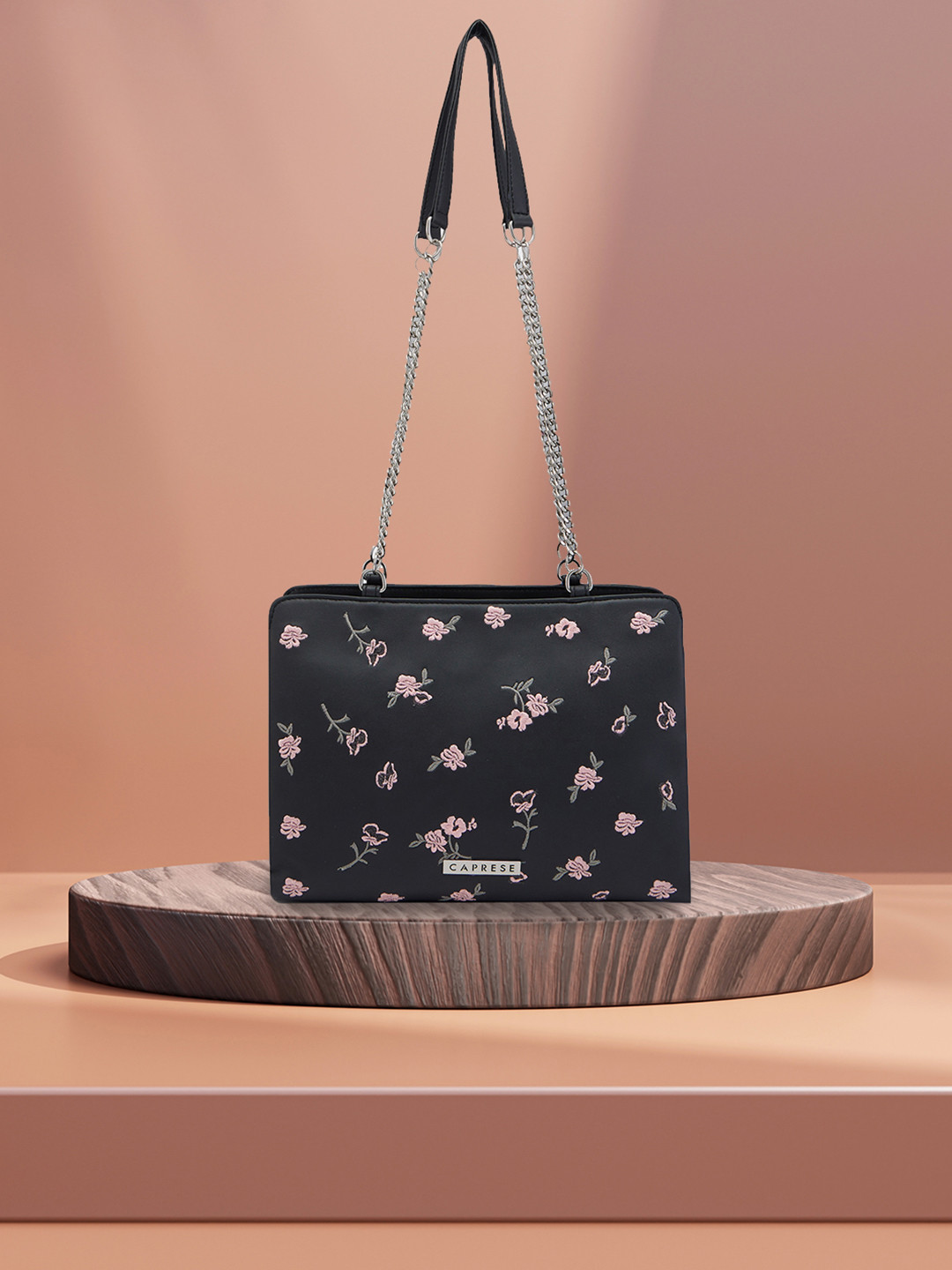 Caprese Bloom Women Black Medium Satchel Bag