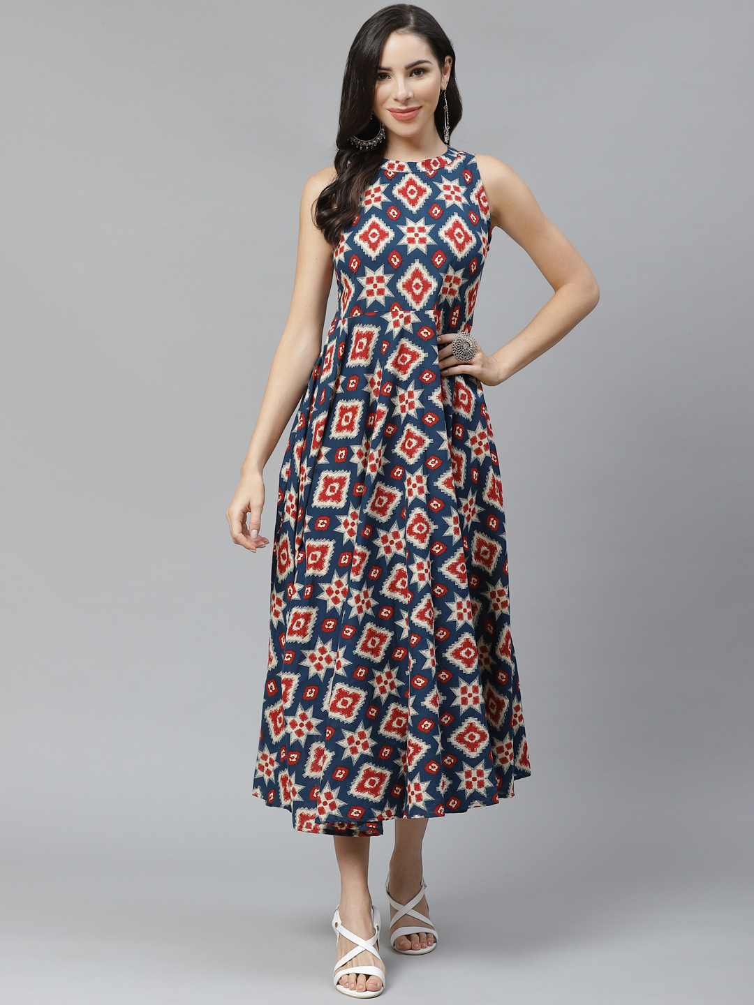 Yuris Women Teal Blue & Beige Printed Pure Cotton A-Line Dress