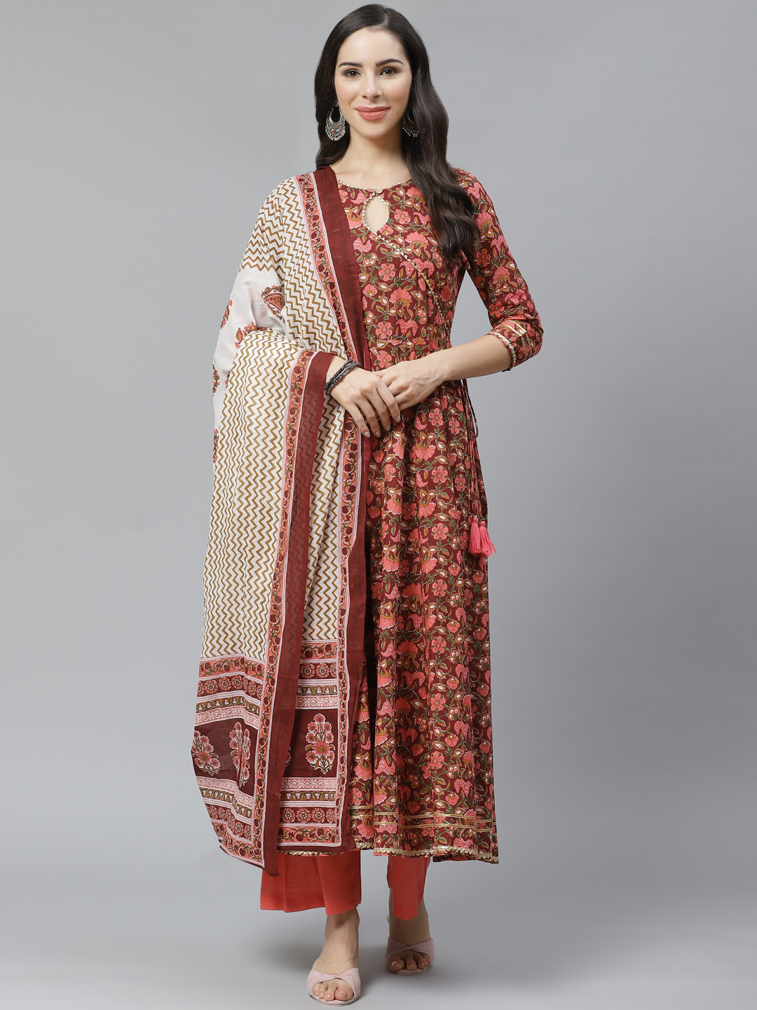 Yuris Women Maroon & Peach-Coloured Printed Kurta with Palazzos & Dupatta