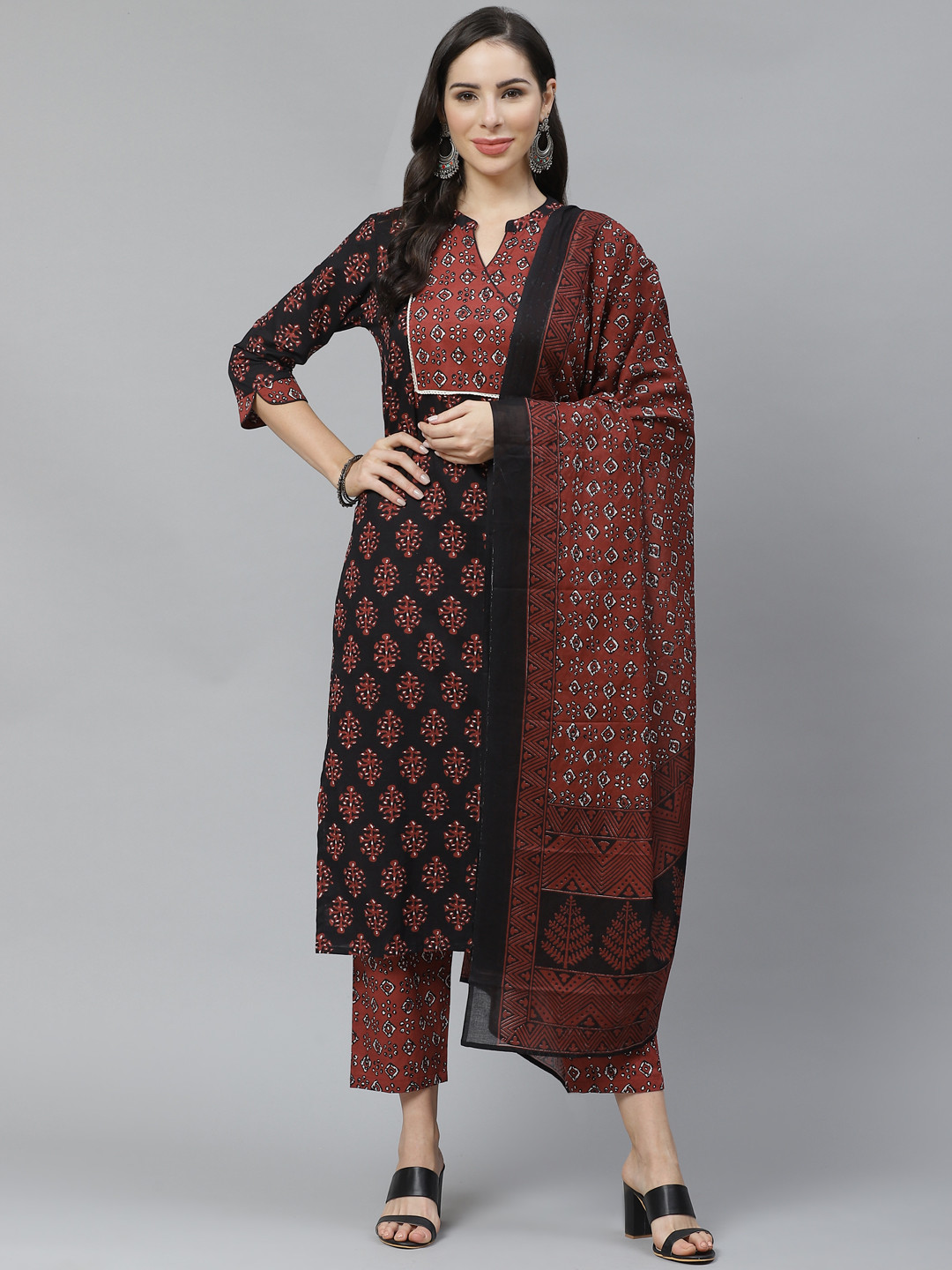 Yuris Women Black & Maroon Cotton Ethnic Motif Block Print Kurta with Trousers & Dupatta