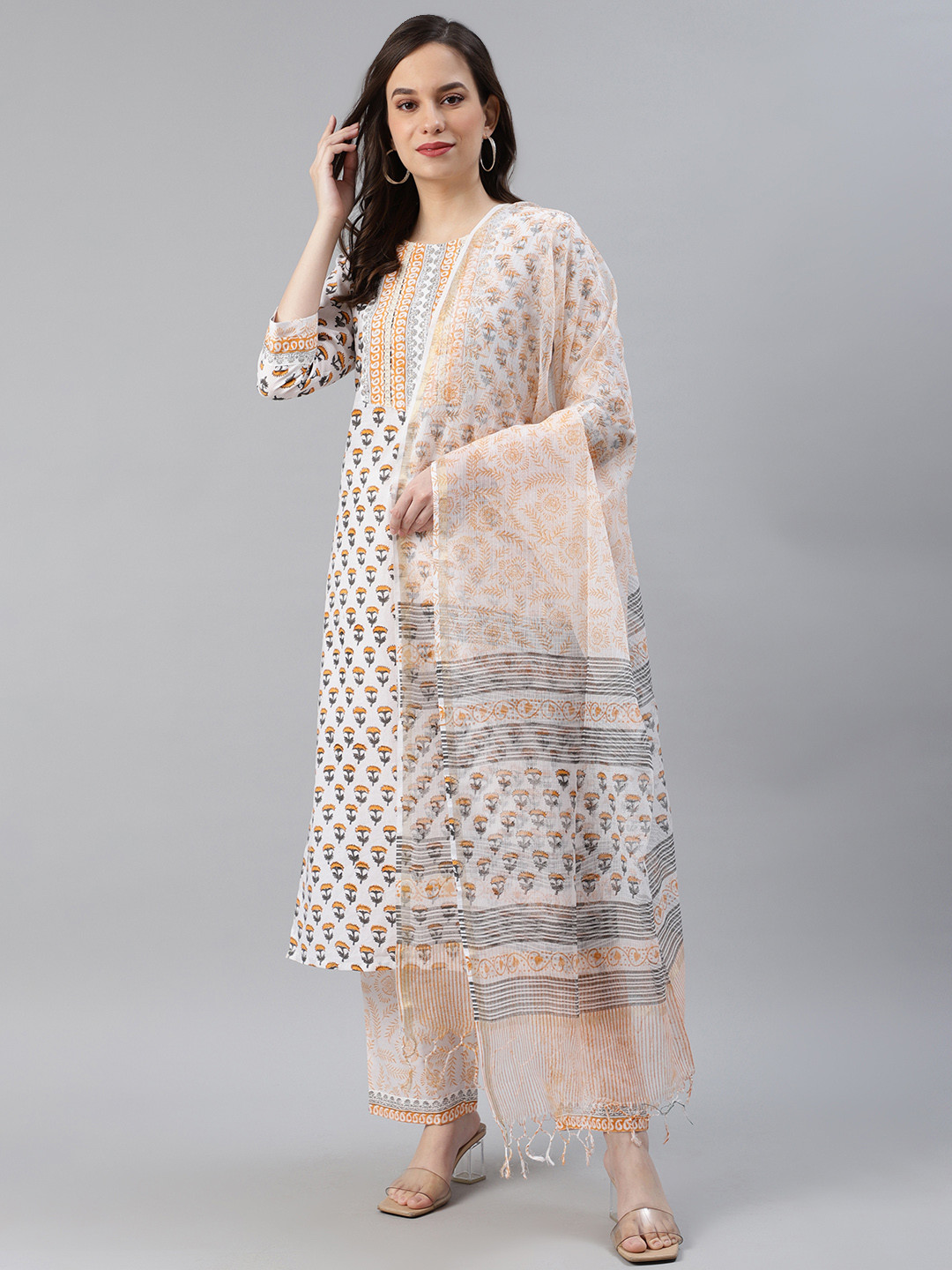 AHIKA Women White & Orange Printed Pure Cotton Kurta with Trousers & Dupatta