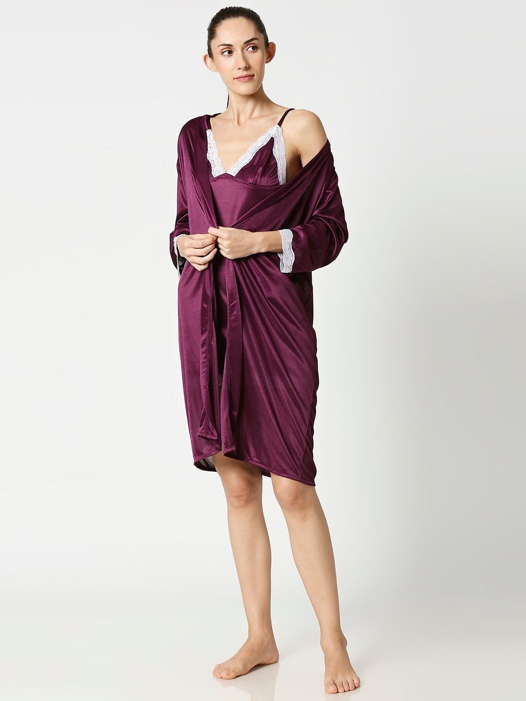 AV2 Purple & White Lace Satin Baby Doll With Robe 1382