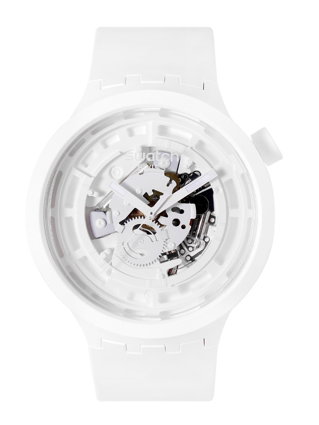 Swatch Unisex White Boost Swiss Made Skeleton Dial Water Resistant Analogue Watch SB03W100