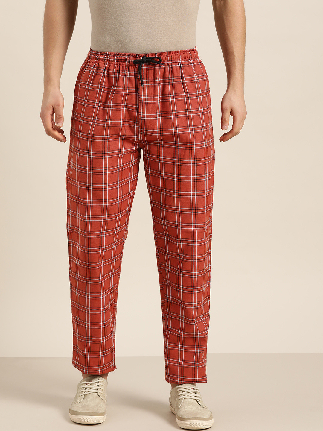 SOJANYA Men Rust Brown & Black Pure Cotton Checked Track Pants