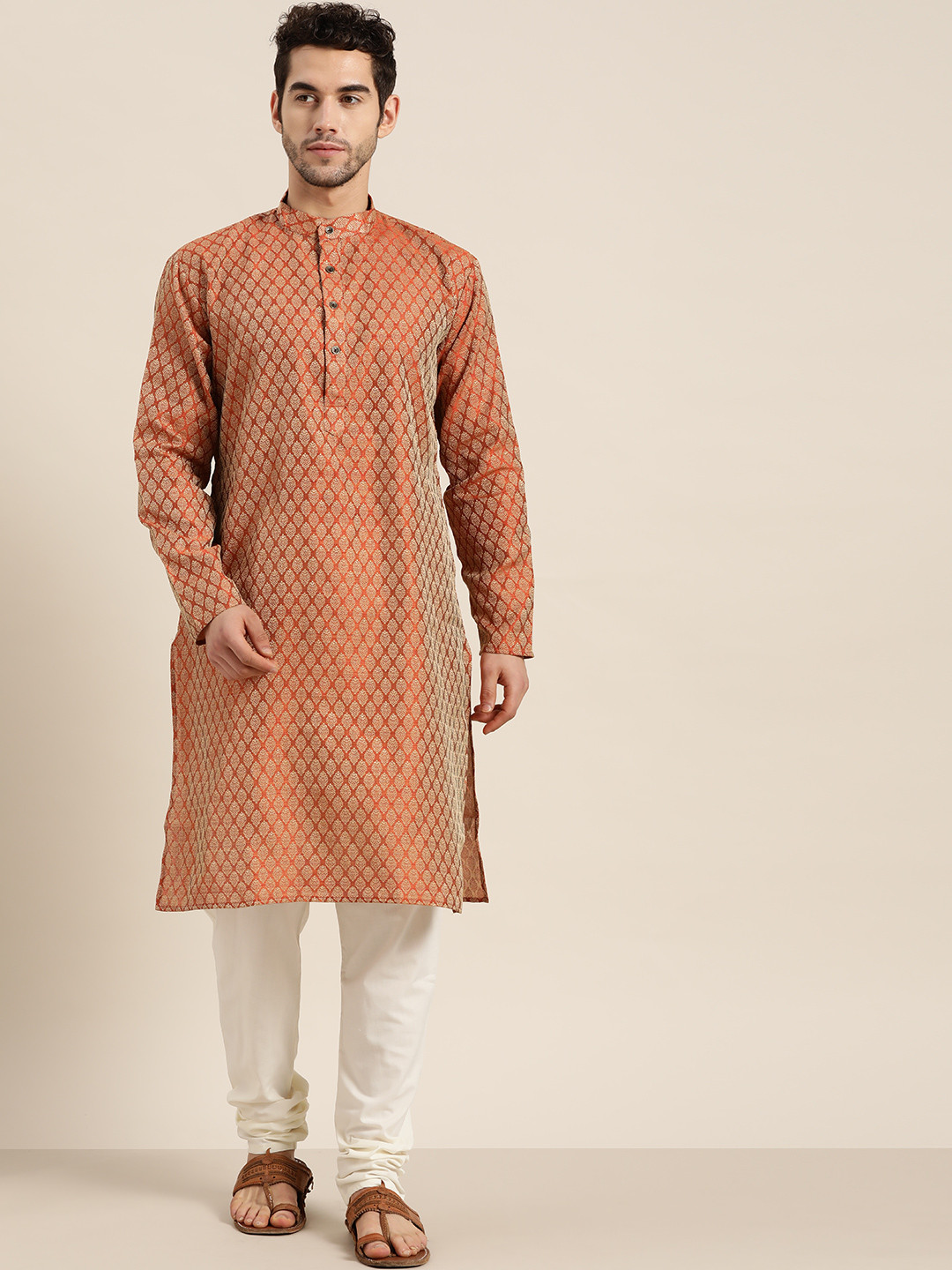 SOJANYA Men Rust Orange & Cream-Coloured Jacquard Woven Design Kurta with Churidar