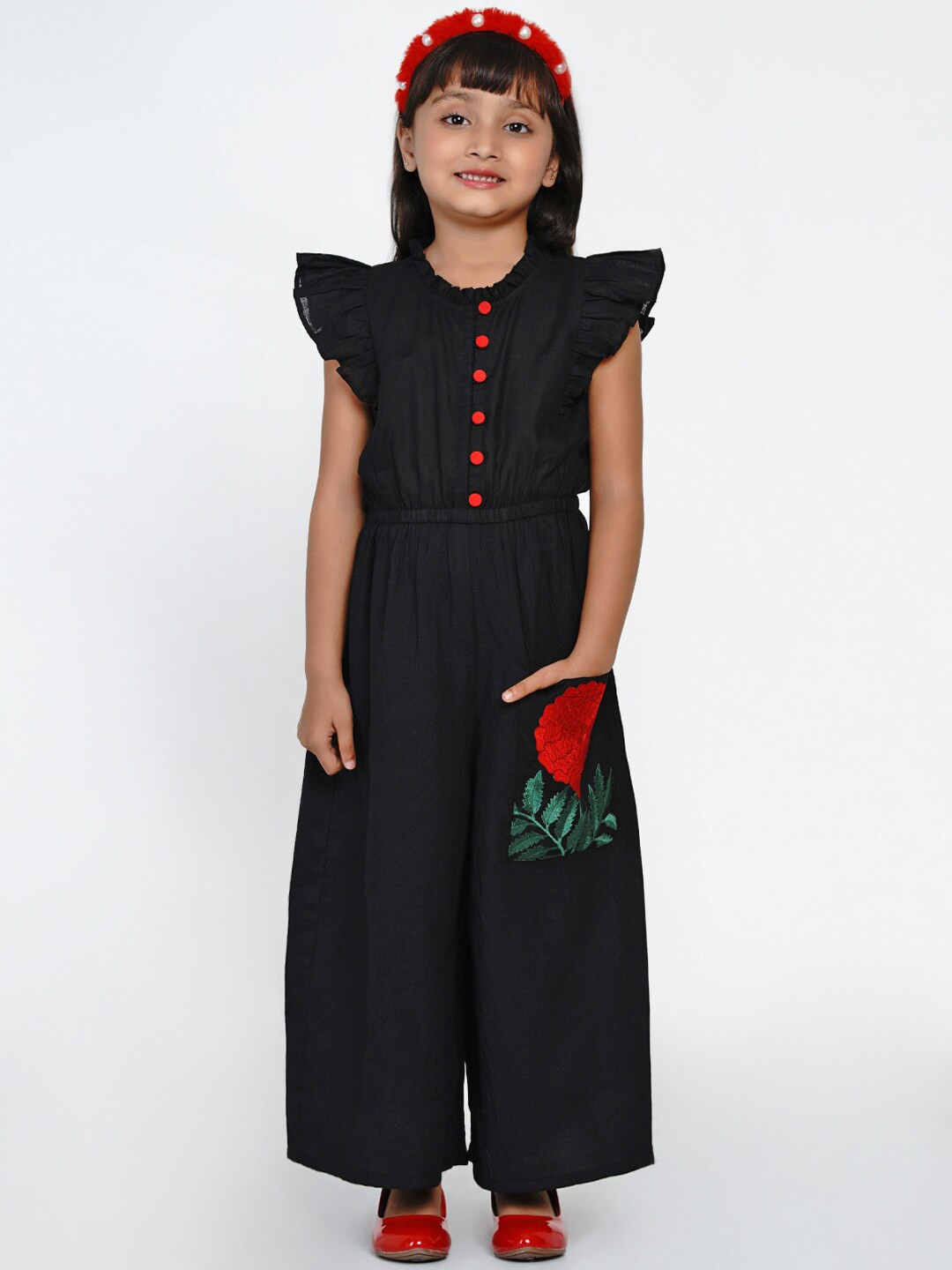 Bitiya by Bhama Girls Black & Red Solid Basic Jumpsuit