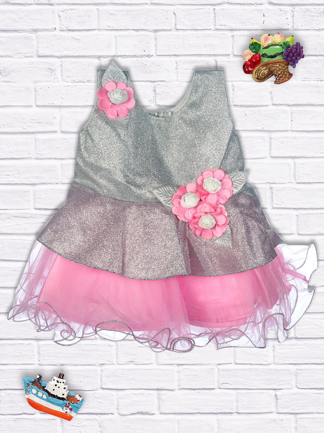 MeeMee Girls Silver-Toned Frilly Fit and Flare Party Dress