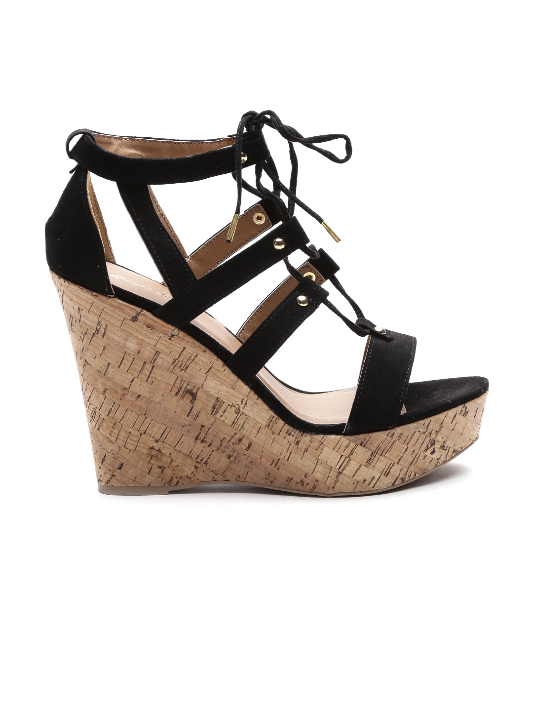 Buy Qupid Women Black Strappy Tie Up Wedges Heels for Women