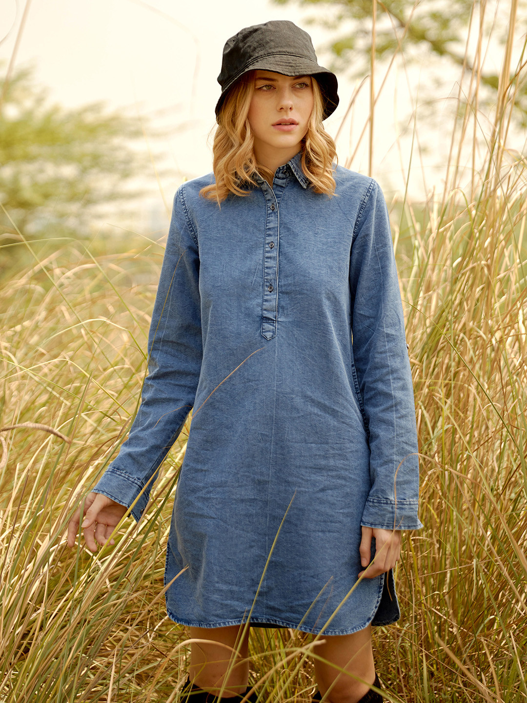 StyleStone Women Ice Blue Solid Denim Mini Shirt Dress