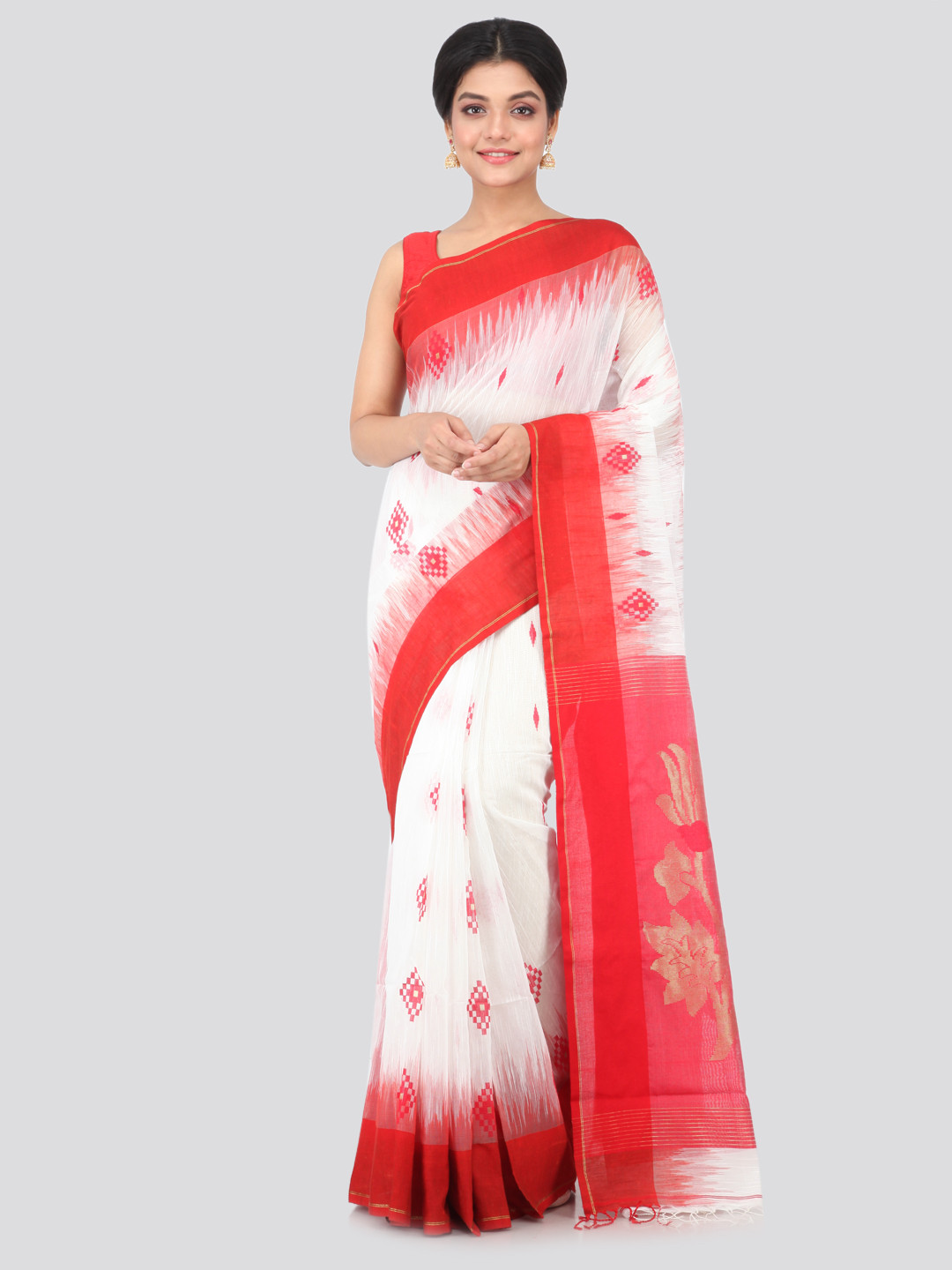 PinkLoom White & Red Cotton Blend Woven Design Handloom Saree