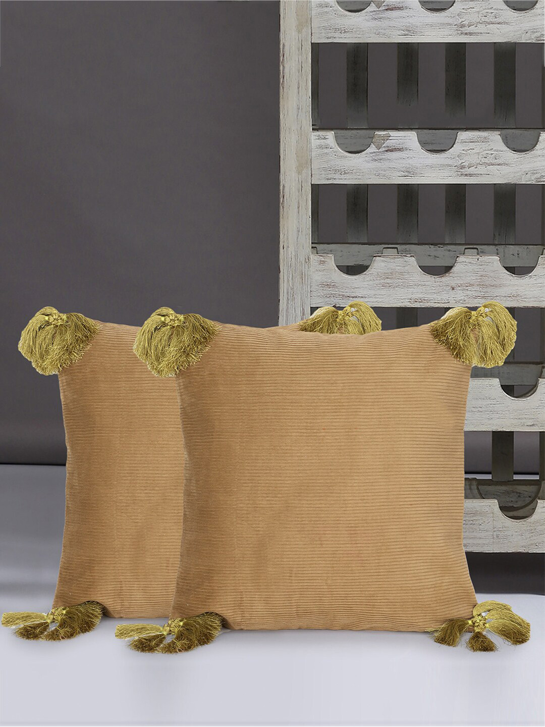 Mezposh Beige Striped Cotton HD Digital 2 Pcs Textured Square Cushion Covers -16.1x16.1In