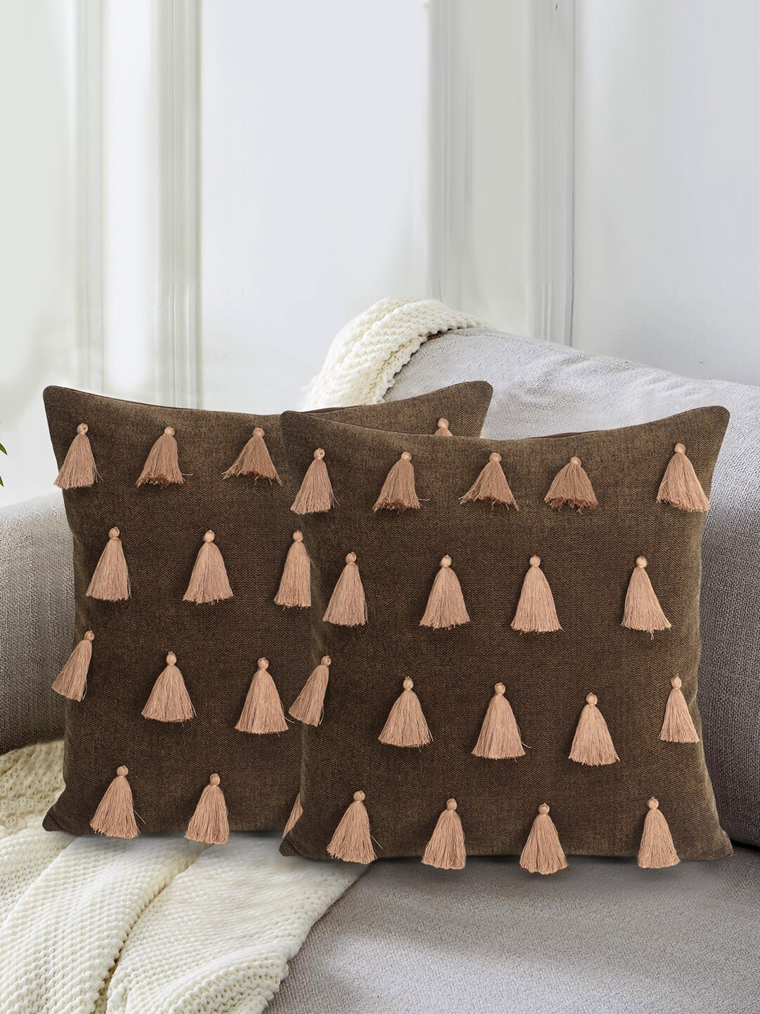 Mezposh Brown & Nude-Coloured Set of 2 Tasselled Embellished Square Cushion Covers