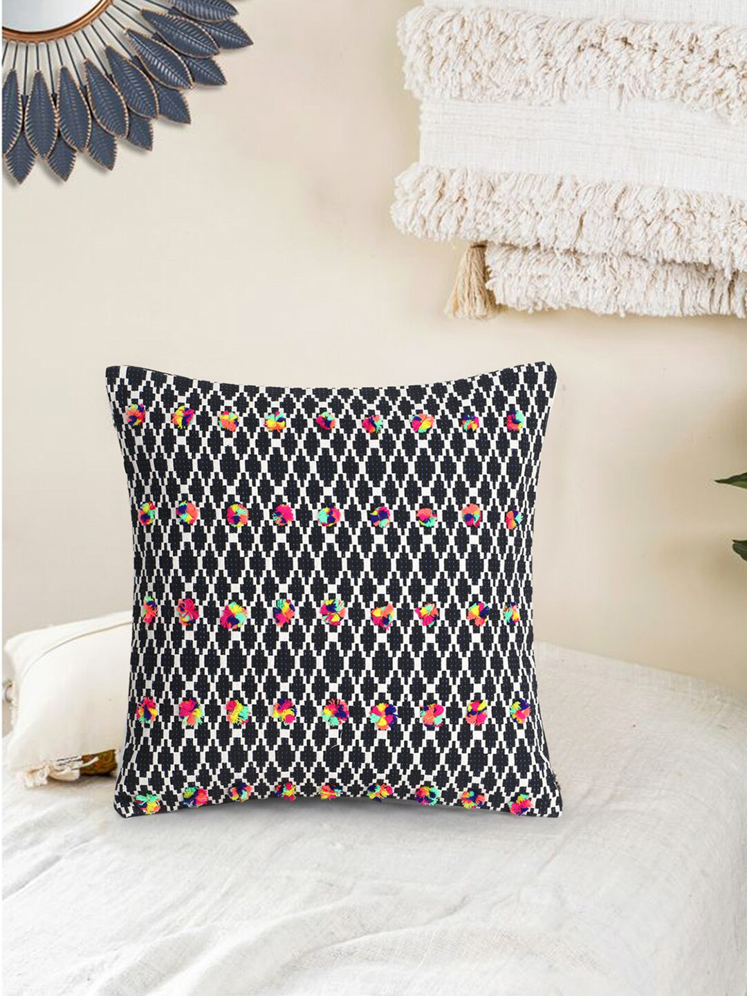 Mezposh Black Geometric Cotton Breathable Embellished Cushion Cover - 15.7 x 15.7 Inches